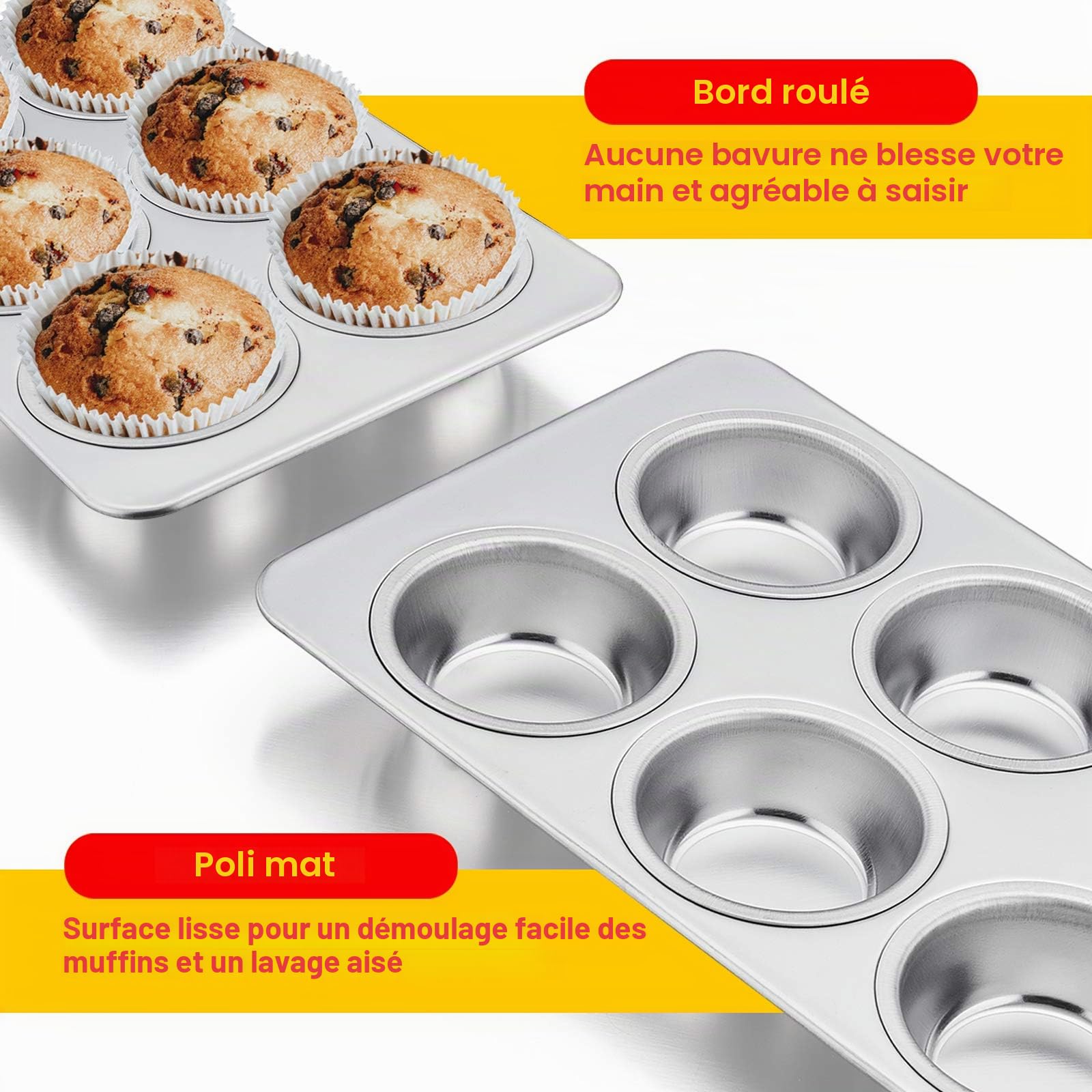 Homikit Lot de 2 moules à muffins en acier inoxydable pour 6 muffins, cupcakes, puddings, brownies, 29 × 18 cm, non toxiques et sains, passent au lave-vaisselle