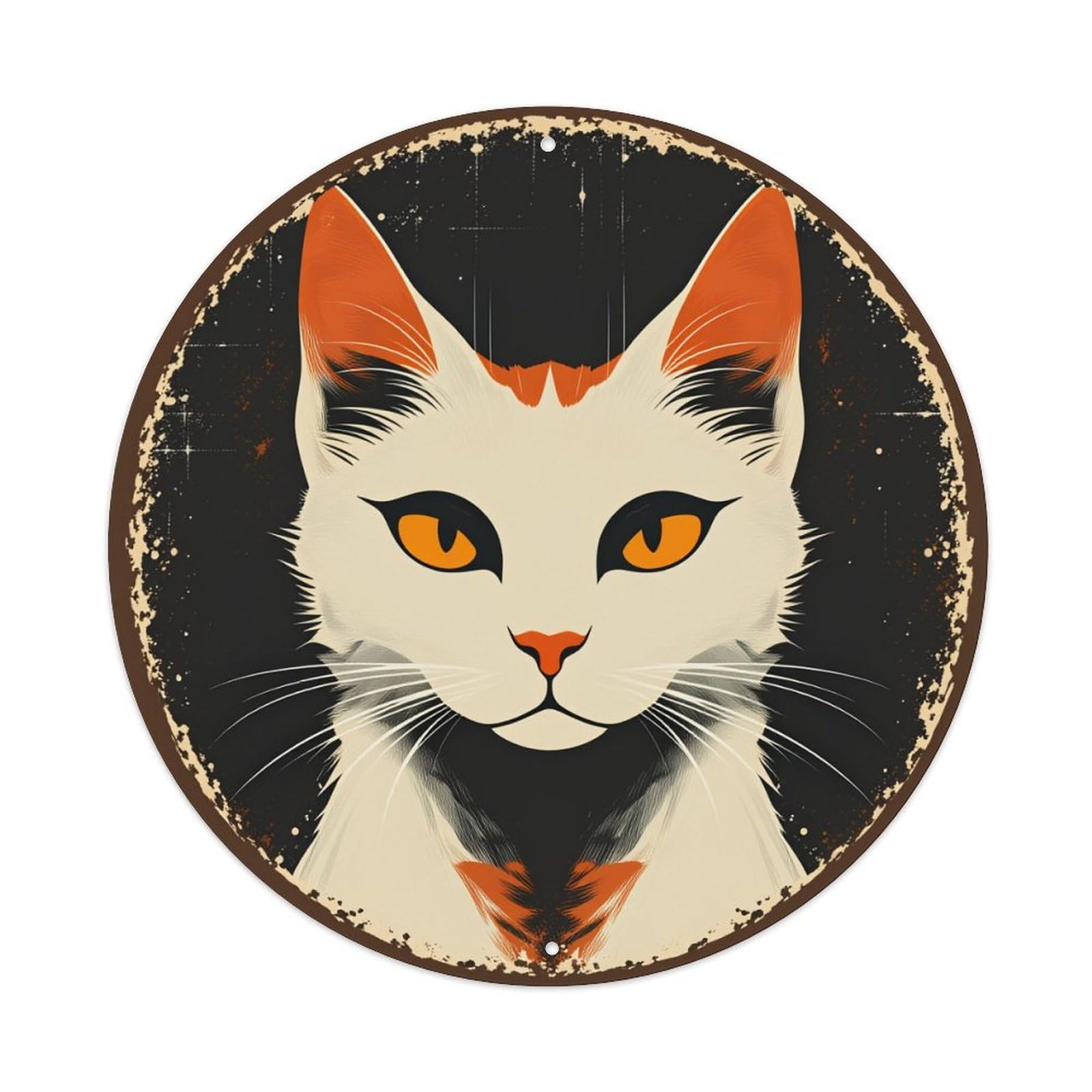 Cat Face With Orange Eyes Round Tin Sign Vintage Style Metal Sign Home Bar Garden Wall Plaque Decor Metal Poster 8x8 Inch