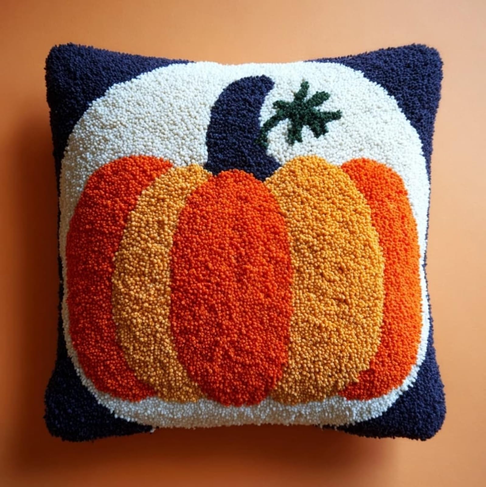 Henypt Latch Hook Cushion Kit 43x43cm,Pumpkin Beginner Friendly Needlecraft Set,Adult Craft Hobby kit,Easy Latch Hook for Home Decor,