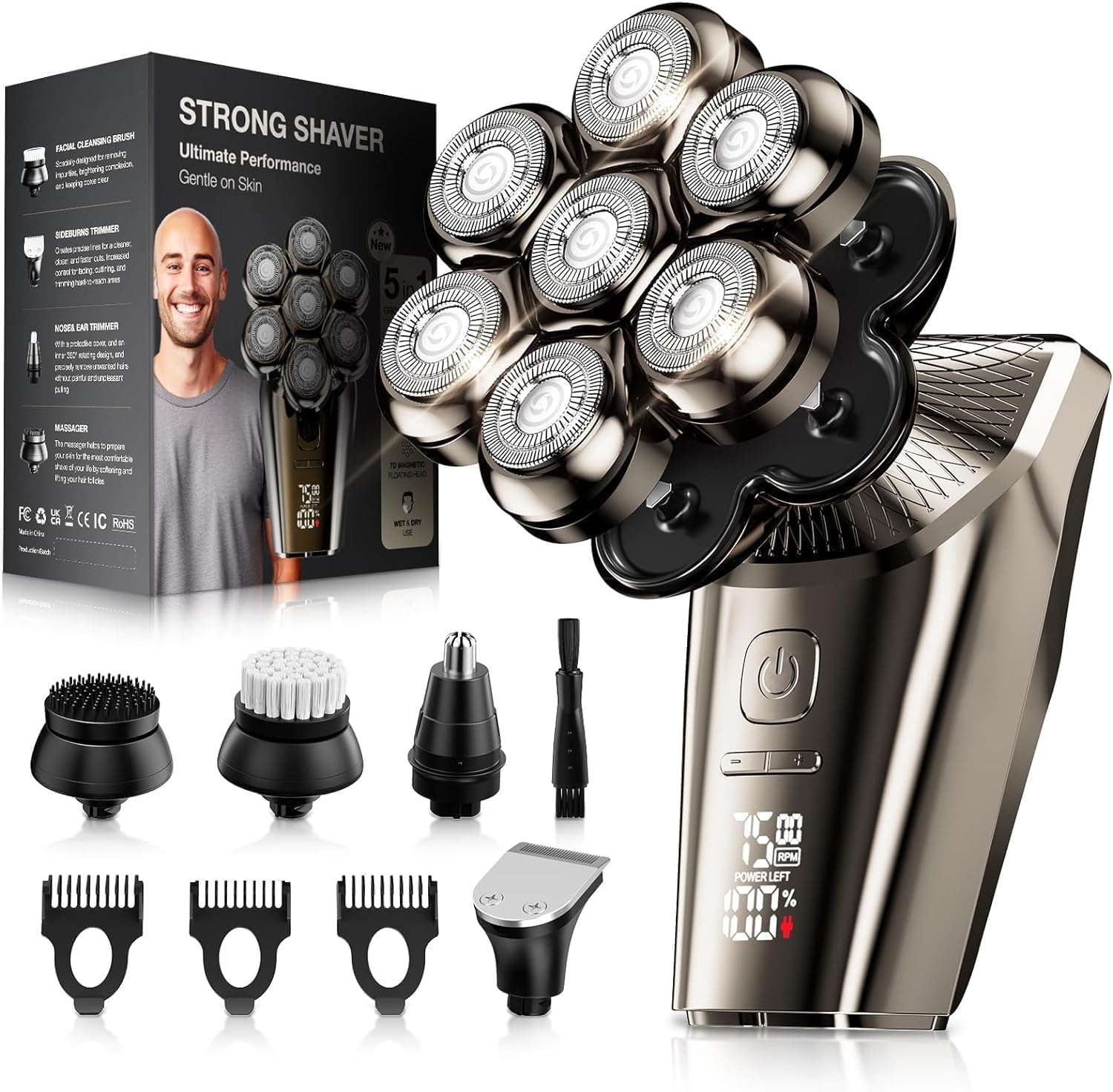 Head Shavers for Bald Men, SHPAVVER 9 in 1 Head Shaving Kit, IPX7 Waterproof Rotary Shaver, Wet Dry Use, Rechargeable, Electric Razor