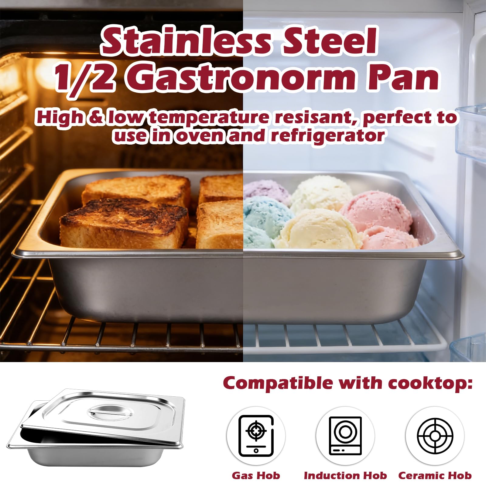Paquete de 4 sartenes Gastronorm de 1/2 con tapas, 325 x 265 x 65 mm, recipientes de acero inoxidable para alimentos, 6,5 cm de profundidad, 1/2 GN, bandeja para cocina, hotel, restaurante