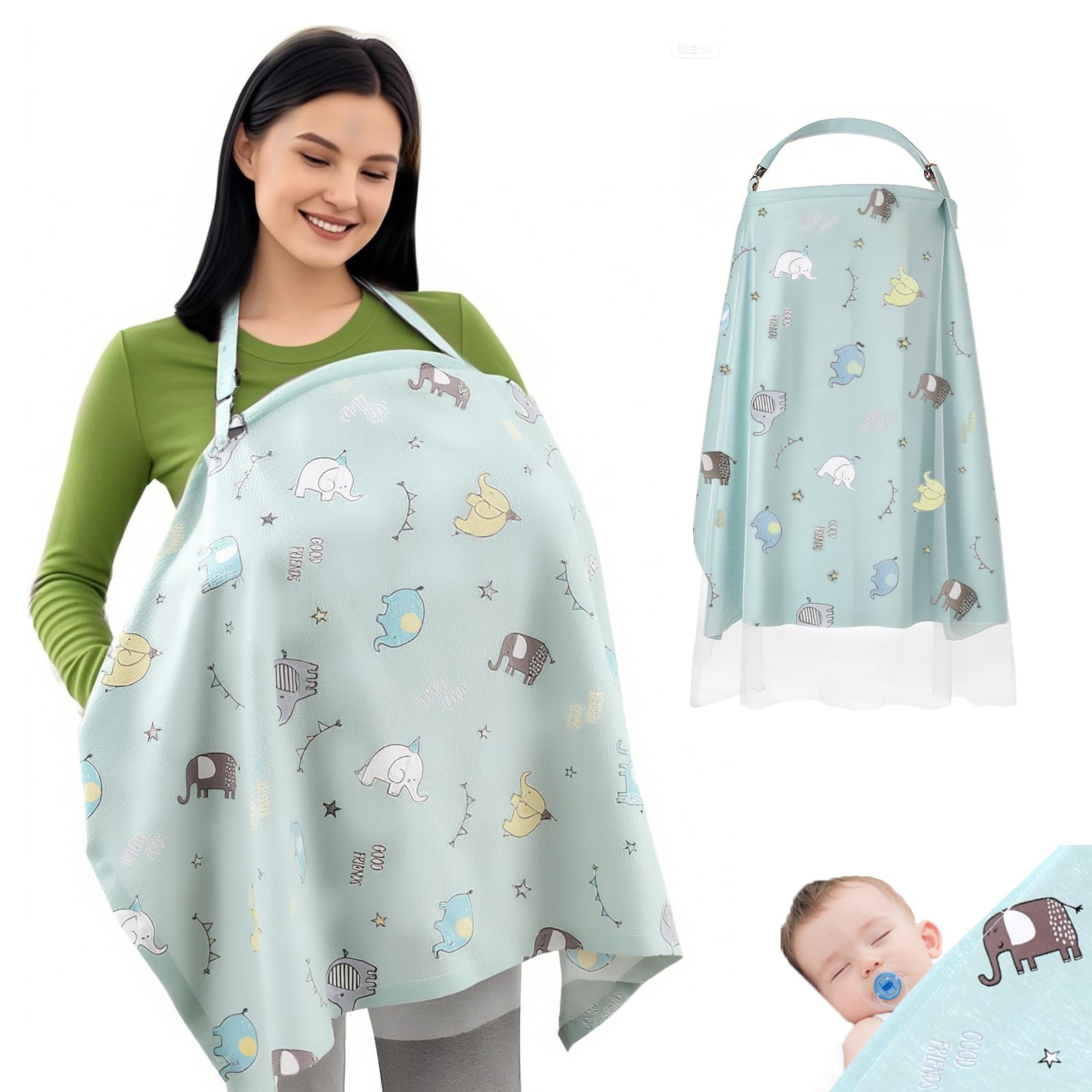 Photo 1 of 100% Cotton Nursing Cover with Support Ring & Mesh Layer, Breathable Nursing Cover Up for Breastfeeding, Adjustable Arch Neckline Breastfeeding Apron for Women