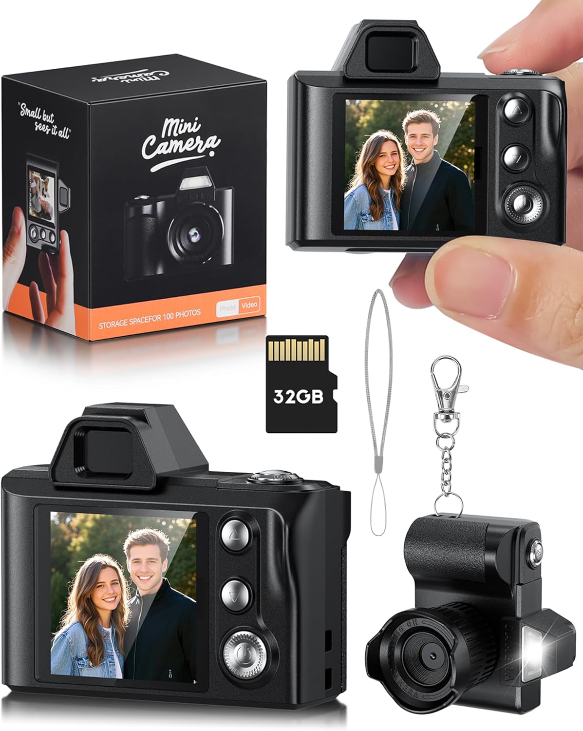 Mini Digital Camera, 1080P Portable Camera for Photography with 32GB SD Card, Key Card Clip Chain for Teenagers, Adult Beginners