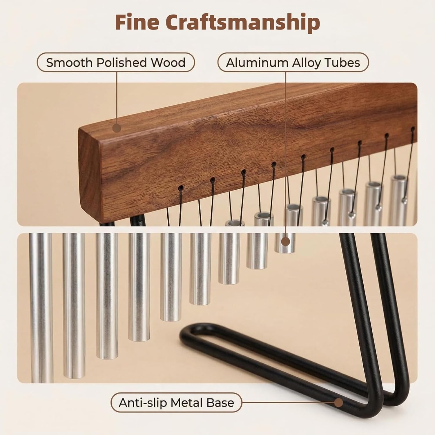 Desktop Meditation Chime with 9/16 Tuned Aluminum Tubes, Solid Wood Base – Hand Percussion Instrument for Yoga, Mindfulness, Classroom Management, Office Desk Decor (12.6in)
