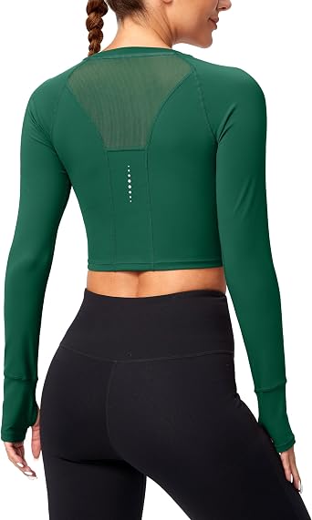 SANTINY Womens Long Sleeve Crop Workout Tops Slim Fit Gym Yoga Running Shirts for Women