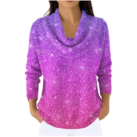 Sparkly Sweater for Women Cowl Neck Long Sleeve Loose Fit Shimmer Knit Pullover Winter Clothes Casual Sweaters Trendy