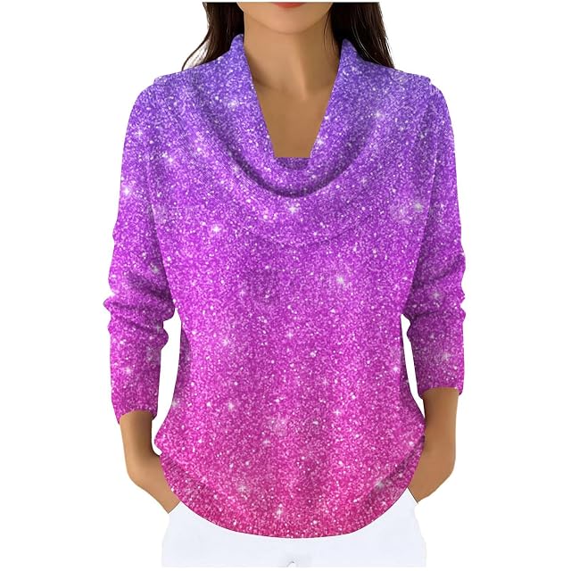 Sparkly Sweater for Women Cowl Neck Long Sleeve Loose Fit Shimmer Knit Pullover Winter Clothes Casual Sweaters Trendy