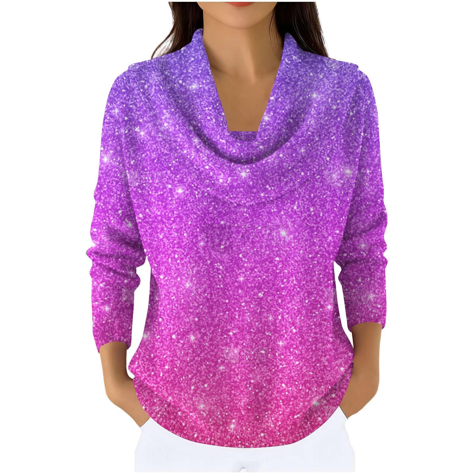 Sparkly Sweater for Women Cowl Neck Long Sleeve Loose Fit Shimmer Knit Pullover Winter Clothes Casual Sweaters Trendy