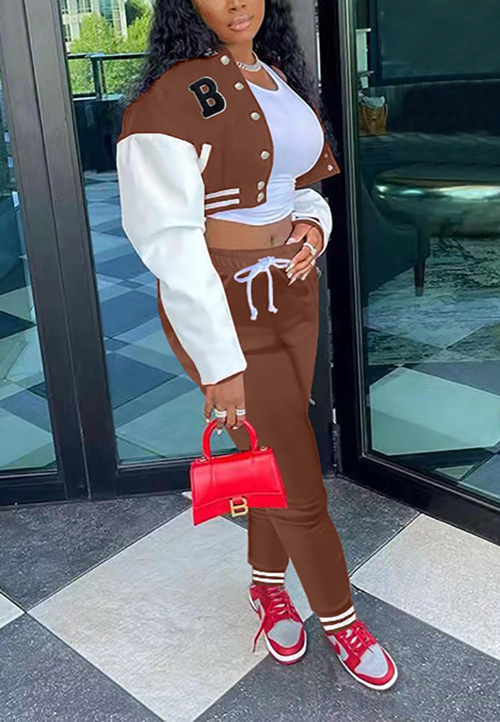 Fooullaide Women's Varsity Jacket Sweatsuit 2 Piece Tracksuit Crop Top Button Down Letterman Jackets Pants Sets - Image 3