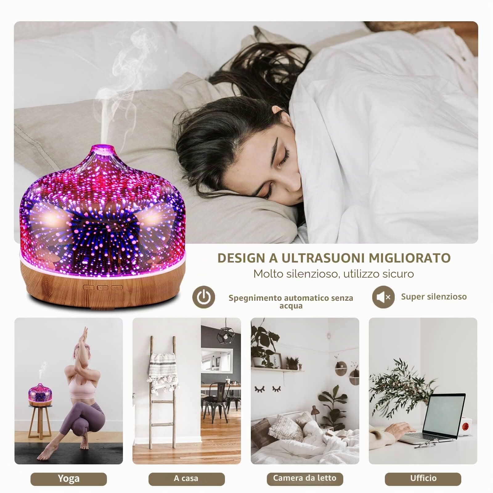 Porseme Diffusore di aromi in vetro con telecomando, effetto 3D, soffiato a mano, per fuochi d'artificio, umidificatore ad ultrasuoni, per oli essenziali, silenzioso, 7 colori, luce a LED, per casa