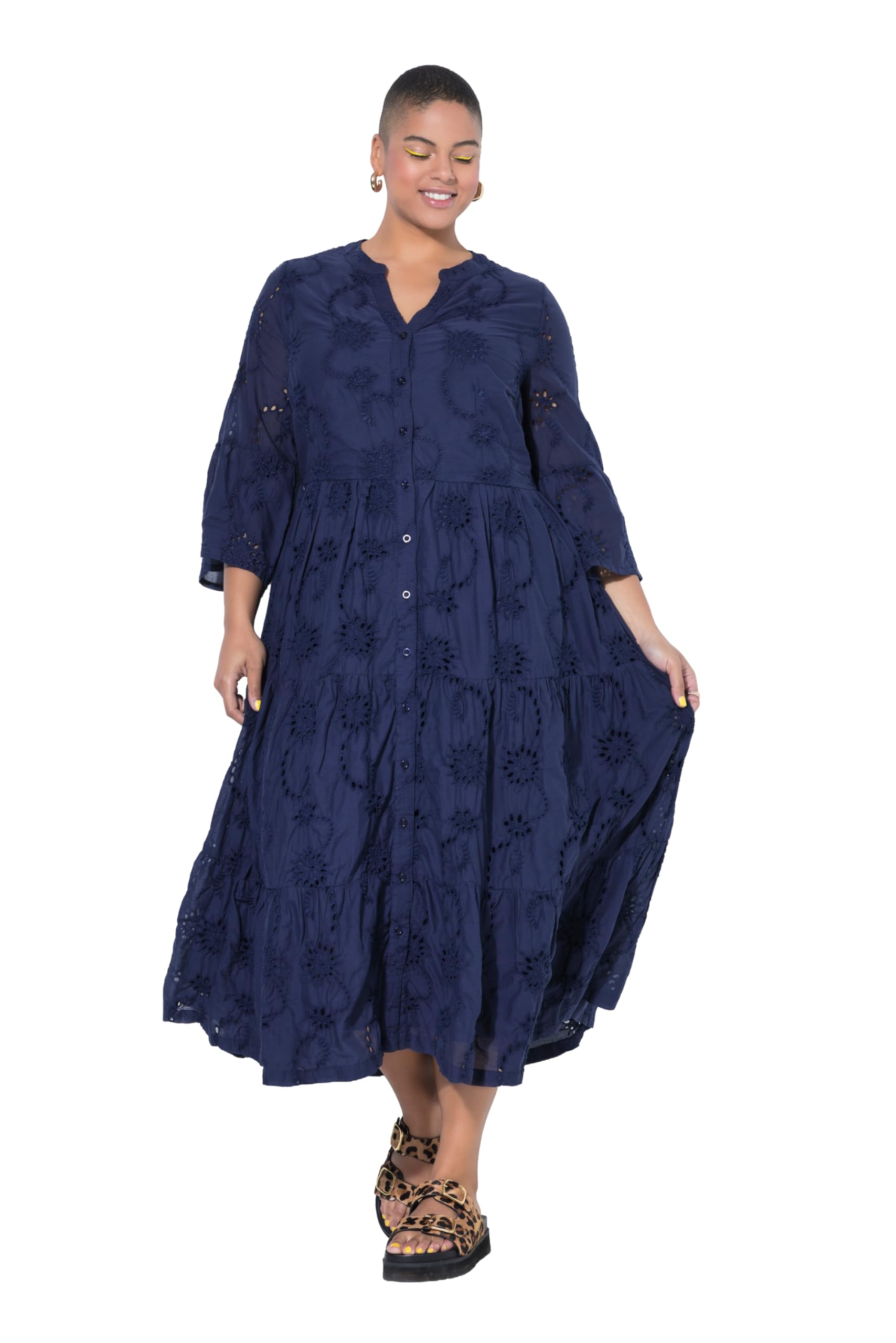 Studio Untold Damen große Größen Übergrößen Plus Size Midikleid, Lochstickerei, Volants, 3/4-Ärmel 842601