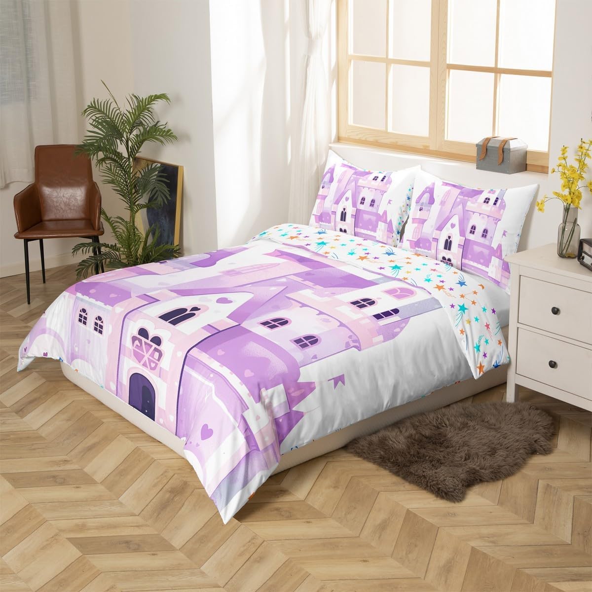 jejeloiu Purple Castle Duvet Cover Toddler Size Kids Dreamy Castle Comforter Cover for Boys Girls Teens Princess Decor Bedding Set Breathable Magic Bedroom Decor Bedclothes