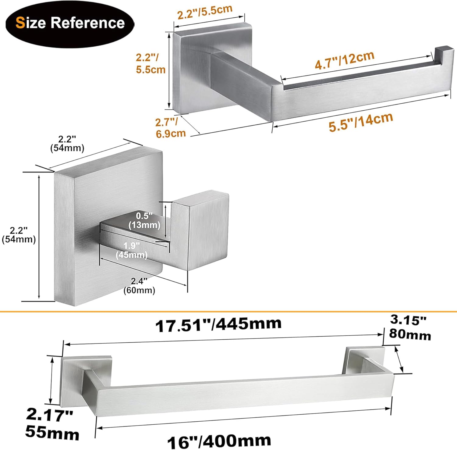 Nolimas 6 Pieces Brushed Nickel Bathroom Hardware Set SUS304 Stainless Steel Square Wall Mounted Including 16 Inch Towel Bar, Toilet Tissue Holder, Robe Towel Hooks,Bathroom Accessories Kit