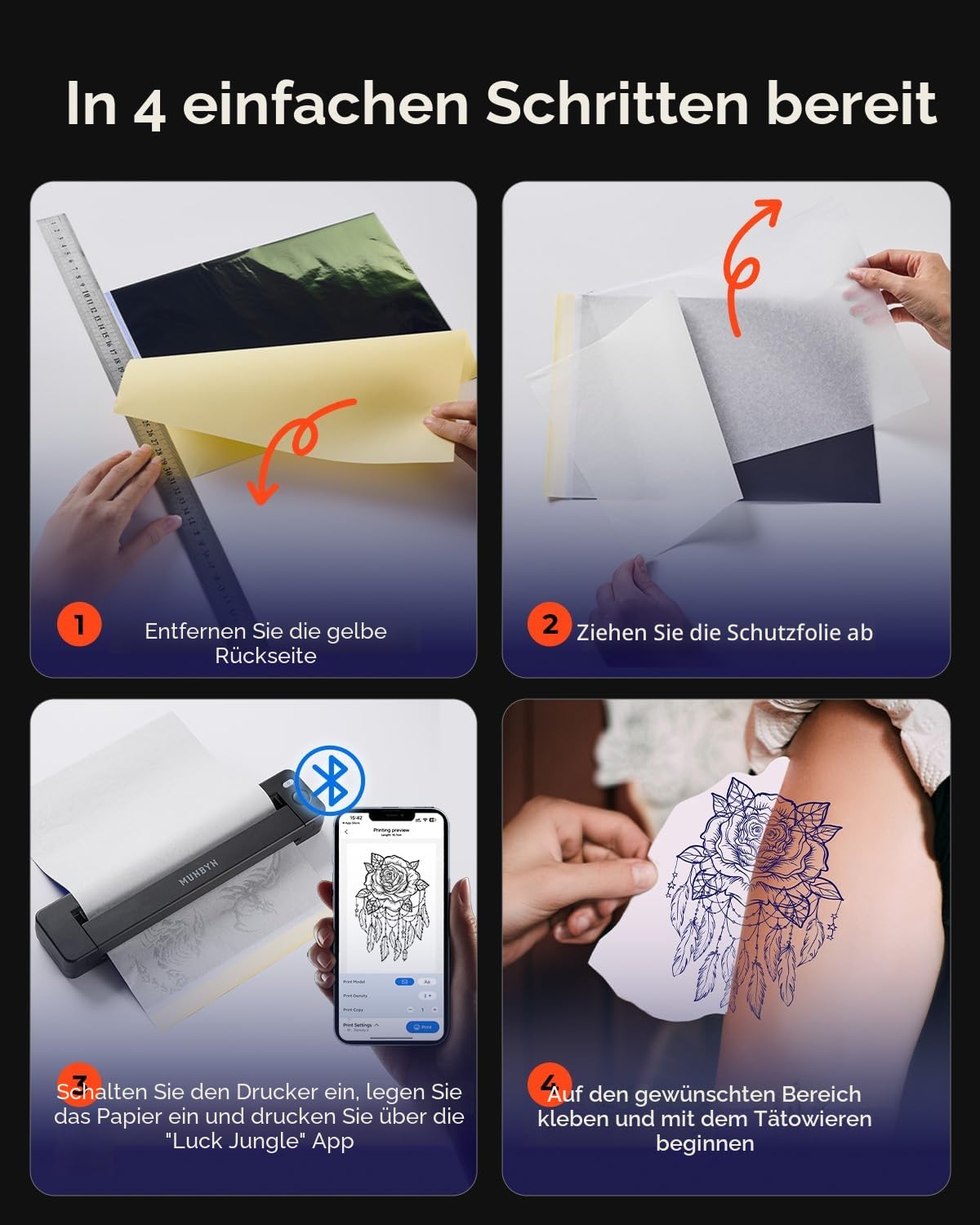 MUNBYN Tattoo Drucker Bluetooth, Stencil Drucker Tattoo Printer, Haut Tattoodrucker Thermodrucker für Anfänger, für Android iOS Mac Windows, mit 20 Blatt Transferpapier, ITP06, Schwarz