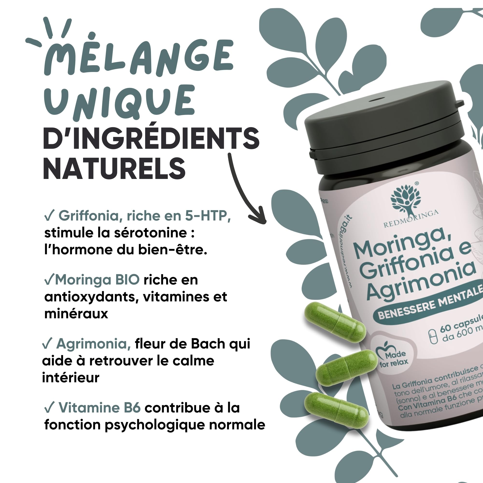 Griffonia 300mg 5-HTP Tryptophane | Avec Agrimony fleur de bach stress anxiété, Vit B6, Moringa BIO | Unique en France | Complément stress anxiété angoisse, BienÊtre Mental | RedMoringa 180 Gélules