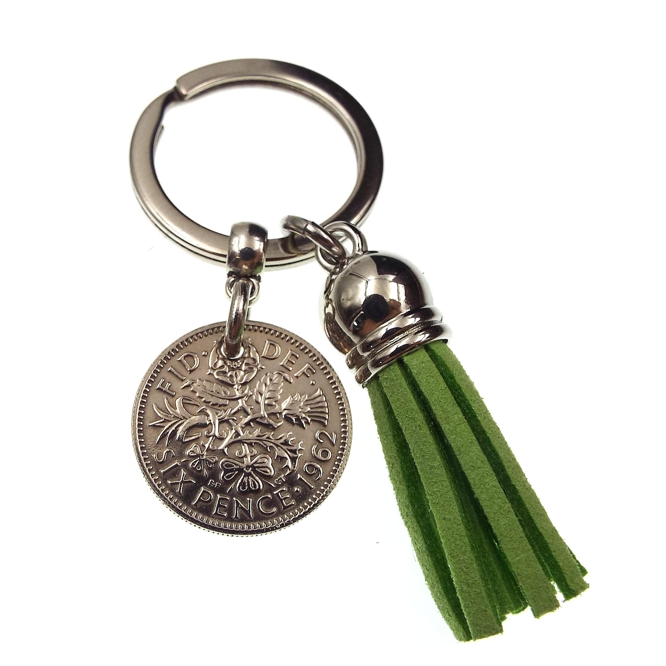 A Silver Dream 1962 Sixpence Green Tassel Coin Keyring