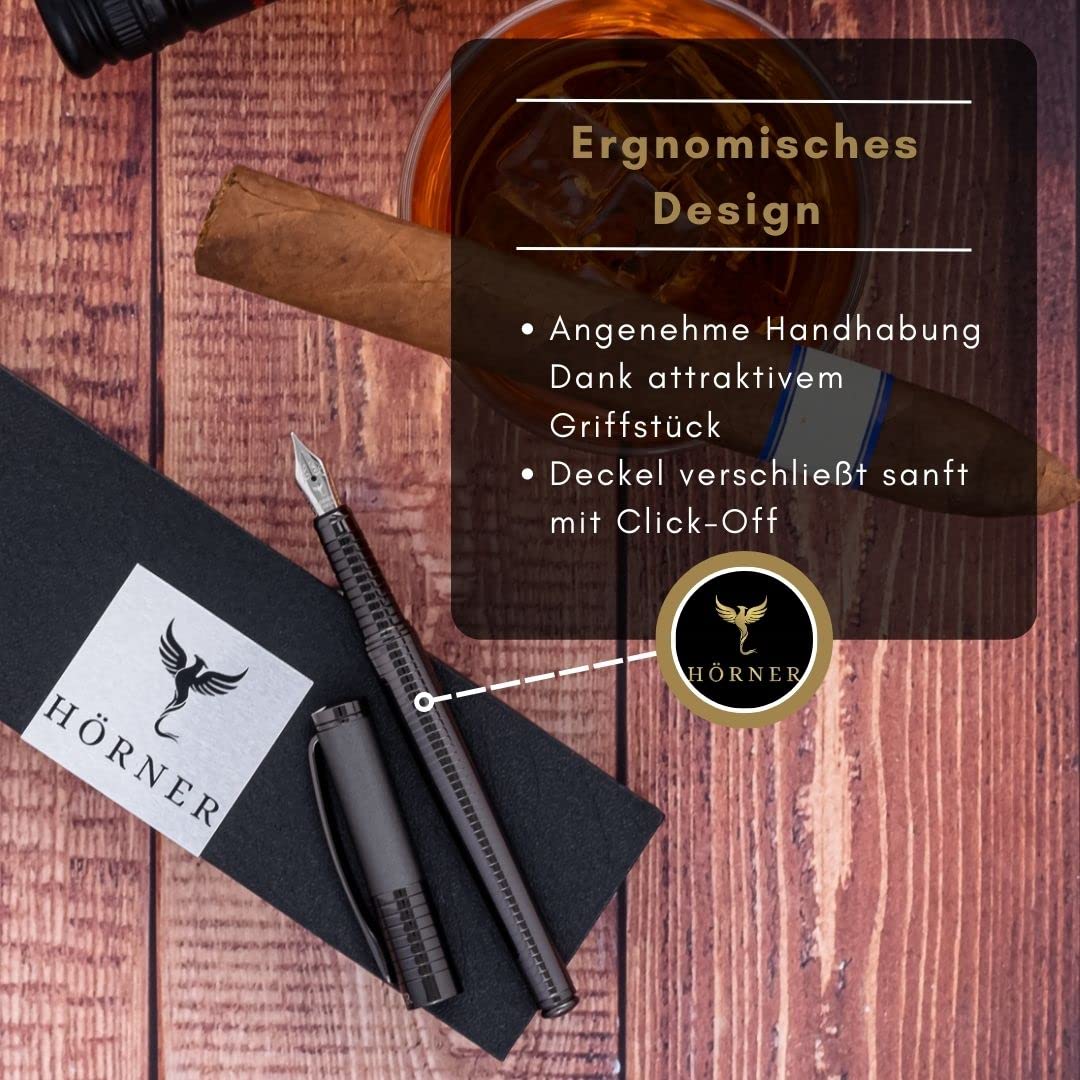 Hörner Fortress - Hochwertiger Füllfederhalter Metall I Premium Geschenkbox I Tinte in Schwarz I Luxus Design I Edel Feder Made in Germany I Attraktiver Stift für Herren und Damen