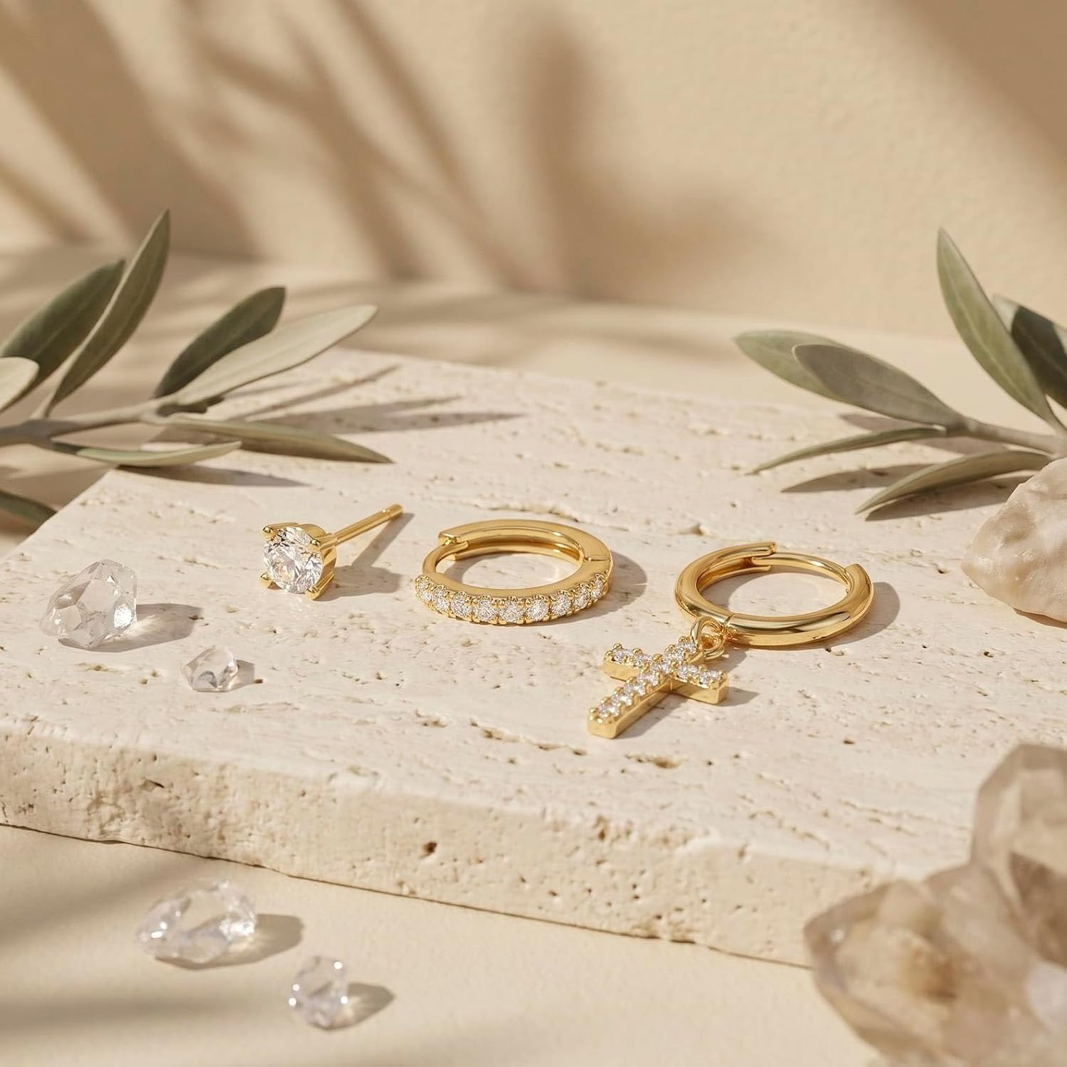 Gold Earring Set for Women Sterling Silver Earring Stacks Trendy CZ Huggie Cross Hoop Star Moon Earrings Stack