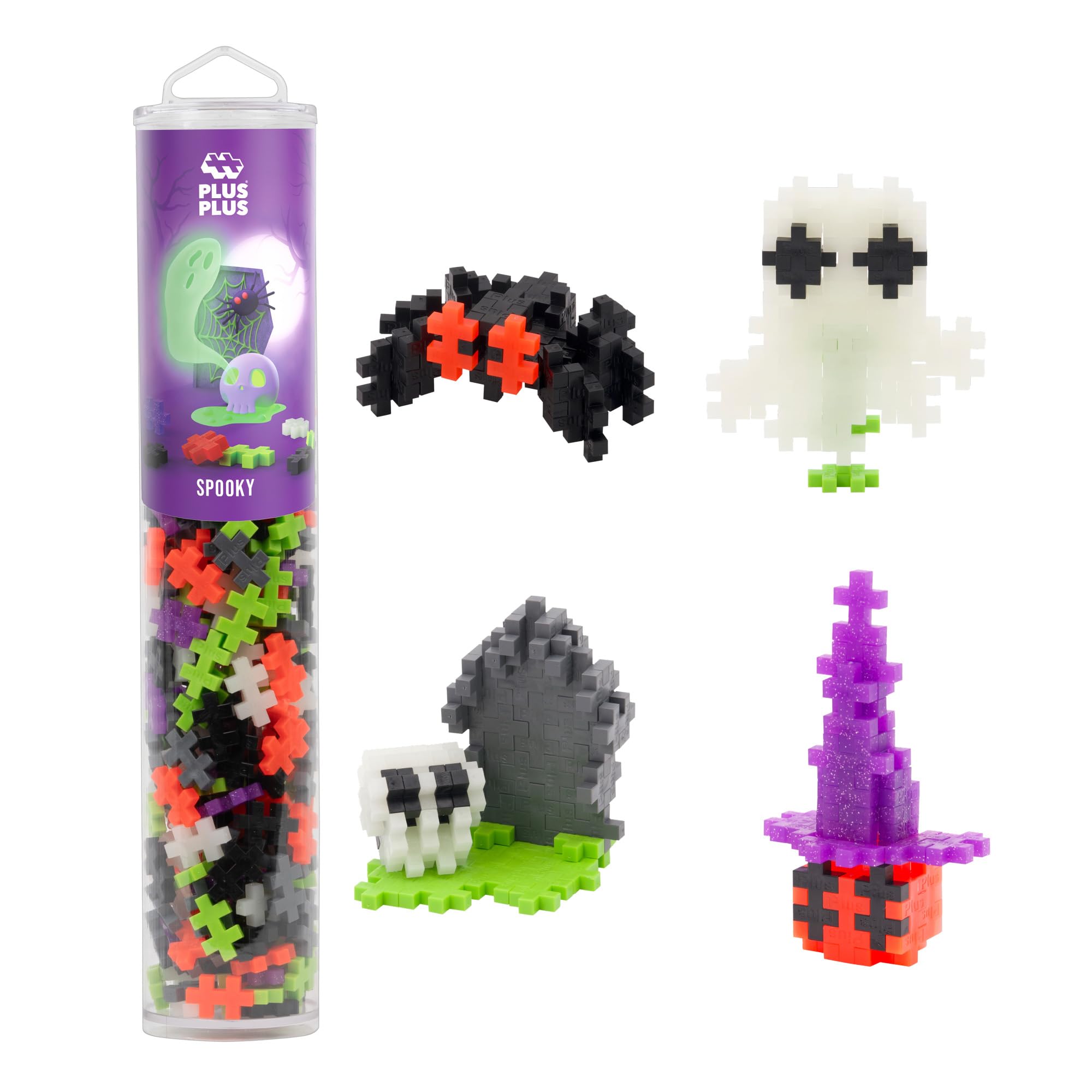 PLUS PLUS 240 Piece Interlocking Building Blocks for Kids, Open Ended Connecting Toys, Stem Bin Classroom Mini Manipulatives - Spooky Mix Play Tube