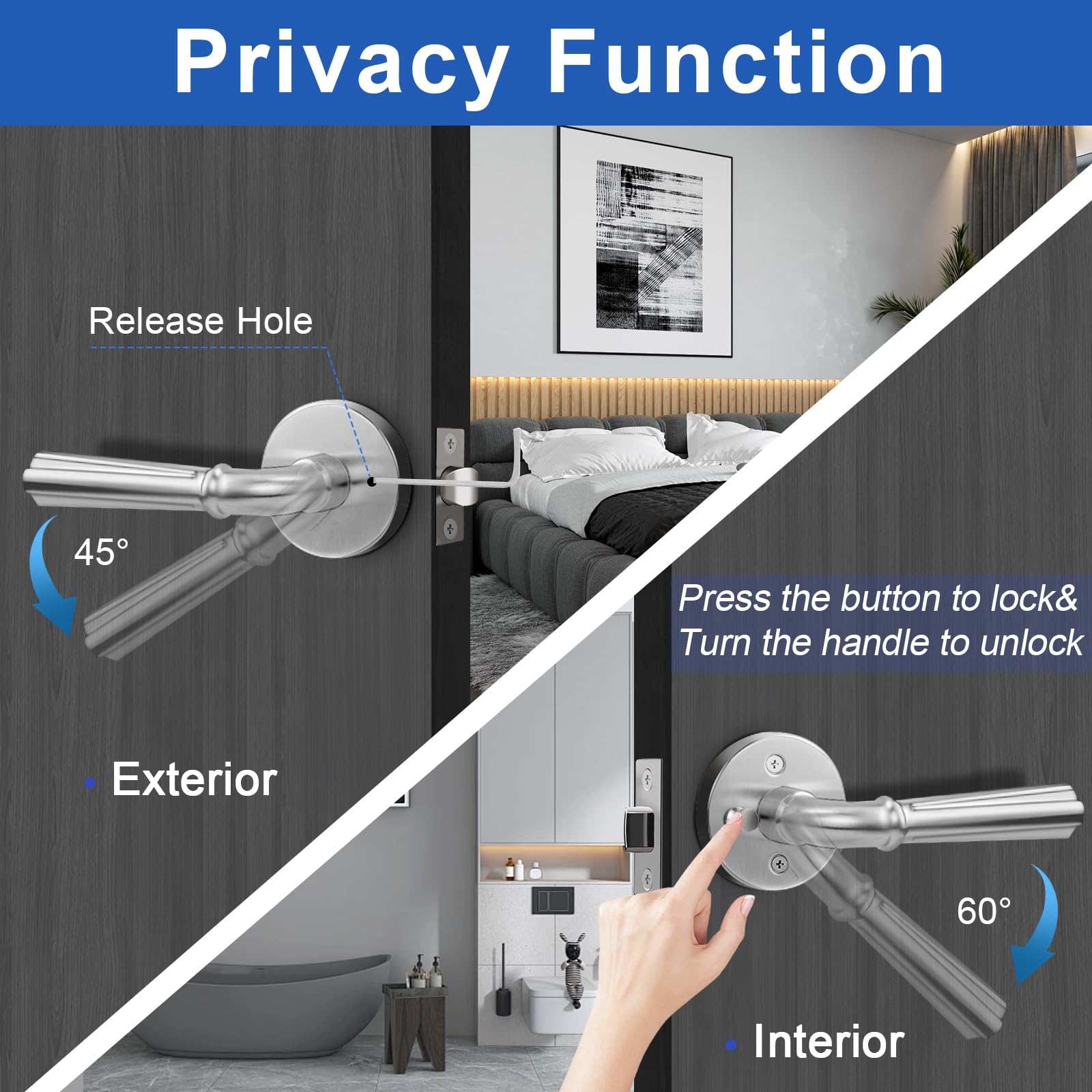 Orger Paquete de 2 manijas de puerta de privacidad de níquel satinado con cerradura, manija de puerta redonda reversible para puerta izquierda y derecha, cerradura de puerta moderna de acero