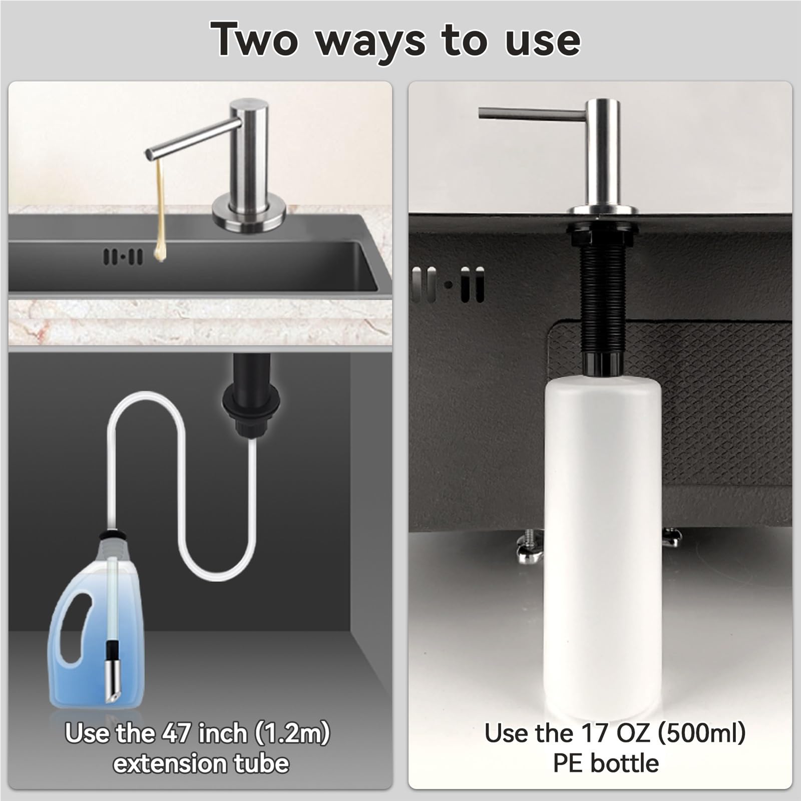 Dispensador de jabón de Cocina Dispensador de jabón sólido Acero Inoxidable 304 for Fregadero Cocina con Botella 17 onzas y Kit Tubo extensión 47 Pulgadas para Fregadero