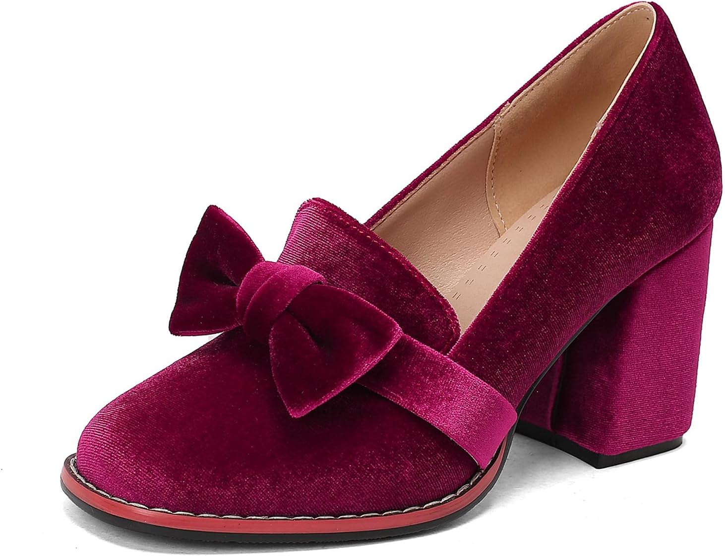 Women's Suede Bow Mid Chunky Heel Pumps Slip On Fashion Comfortable Round Closed Toe Block Heel Dressy Shoes for Daily Dating Work Party