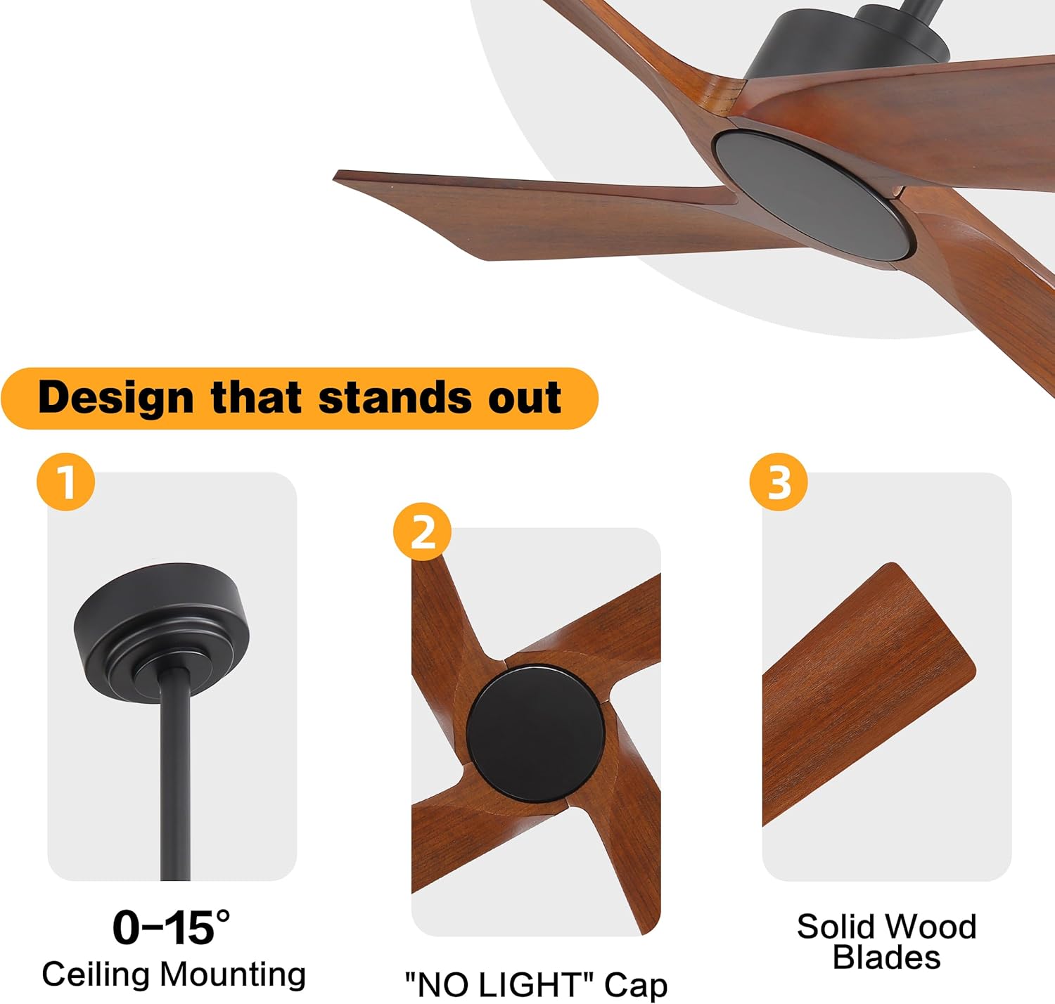 WINGBO 48 Inch DC Ceiling Fan Without Lights, 4 Carved Solid Wood Blades, 6-Speed Reversible DC Motor, Modern Ceiling Fan No Light for Indoor and Outdoor, Black and Walnut, ETL Listed