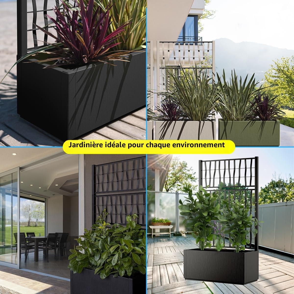 Tomaino - Jardinière avec treillis en plastique, séparation grillagée pour plantes grimpantes pour l'extérieur, terrasse, jardin 80x36x140 h cm (Jardinière avec treillis, Noir)