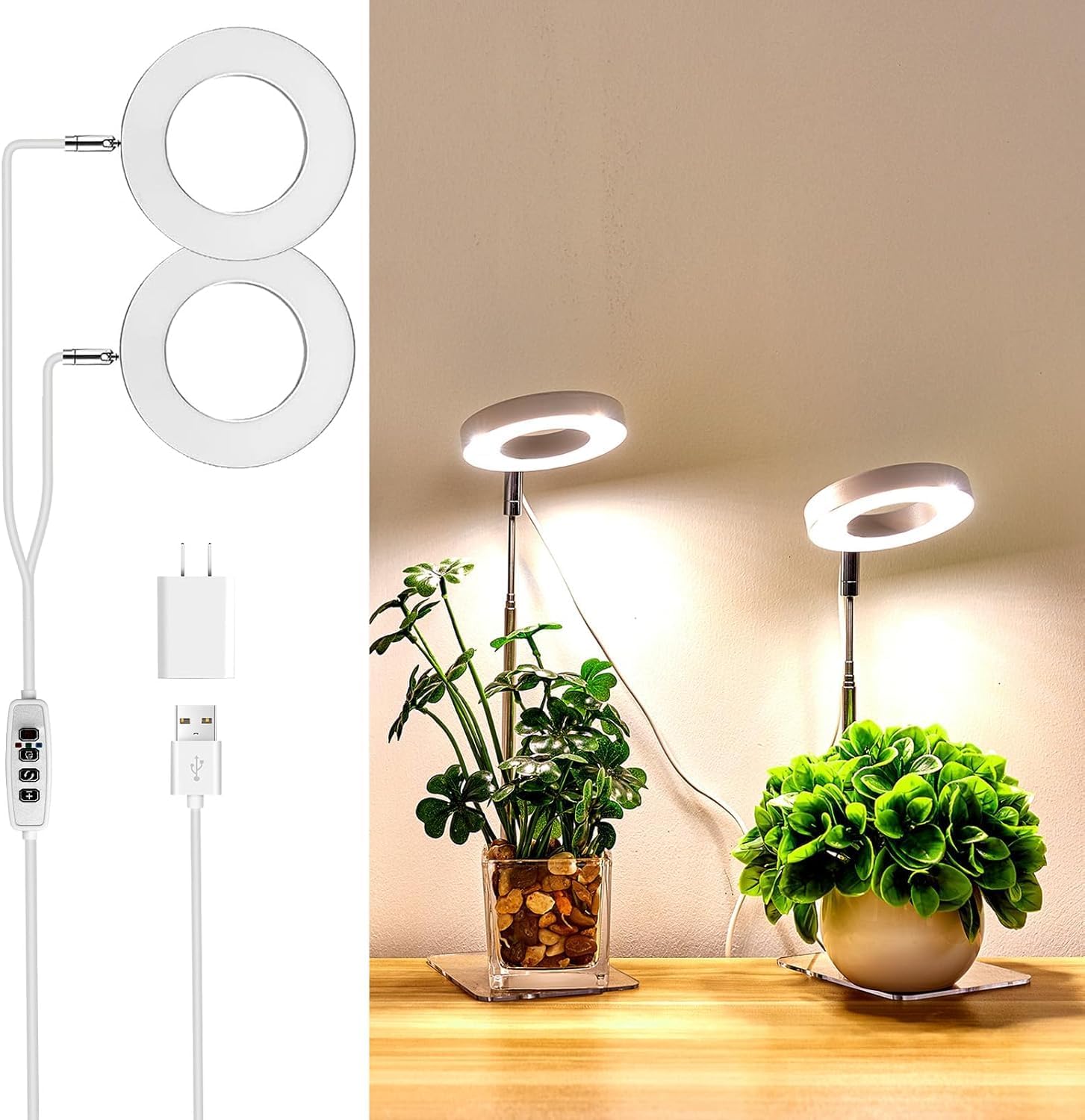 Brightown Plant Grow Light, LED Growing Light for Indoor Plants, 2 Head 96 LED Adjustable Height Growing Lamp with Timer, 3 Dimmable Brightness Levels, Low Safe Voltage, Perfect for Small Plants White 1-Pack
