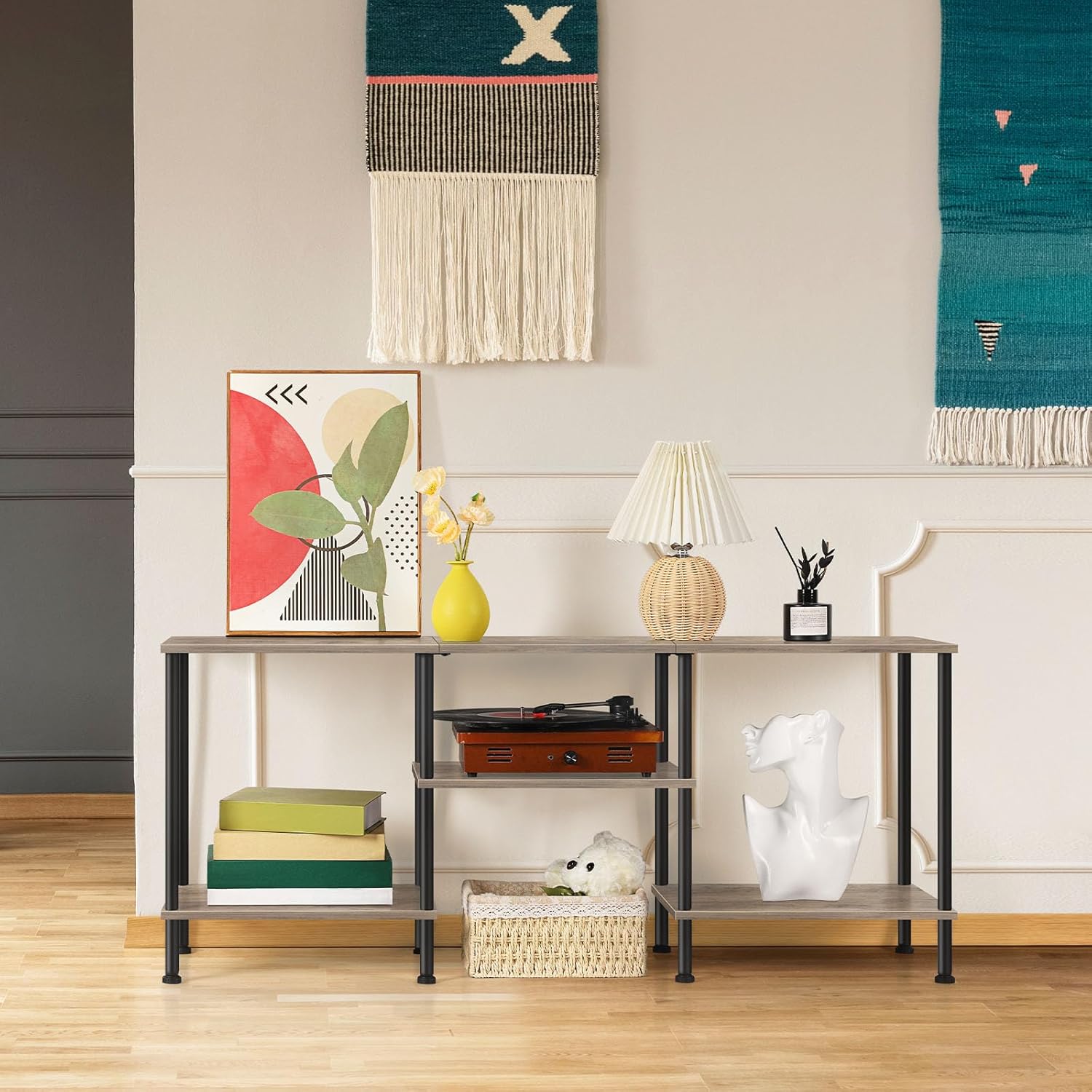 OYEAL 50 inch TV Stand for Living Room Farmhouse Entertainment Center with Storage Shelves 3 Tier TV Console Table Media Cabinet for 50 43 40 32 Inch TV, Rustic Grey