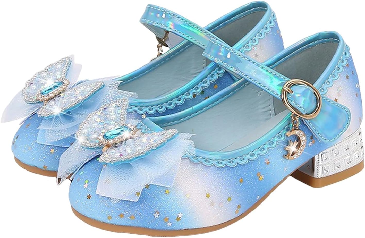 IWIHMIV Girls Mary Jane Low Thick Heel Shoes Comfortable Non Slip Princess Flower Wedding Party Bow Dress Shoes
