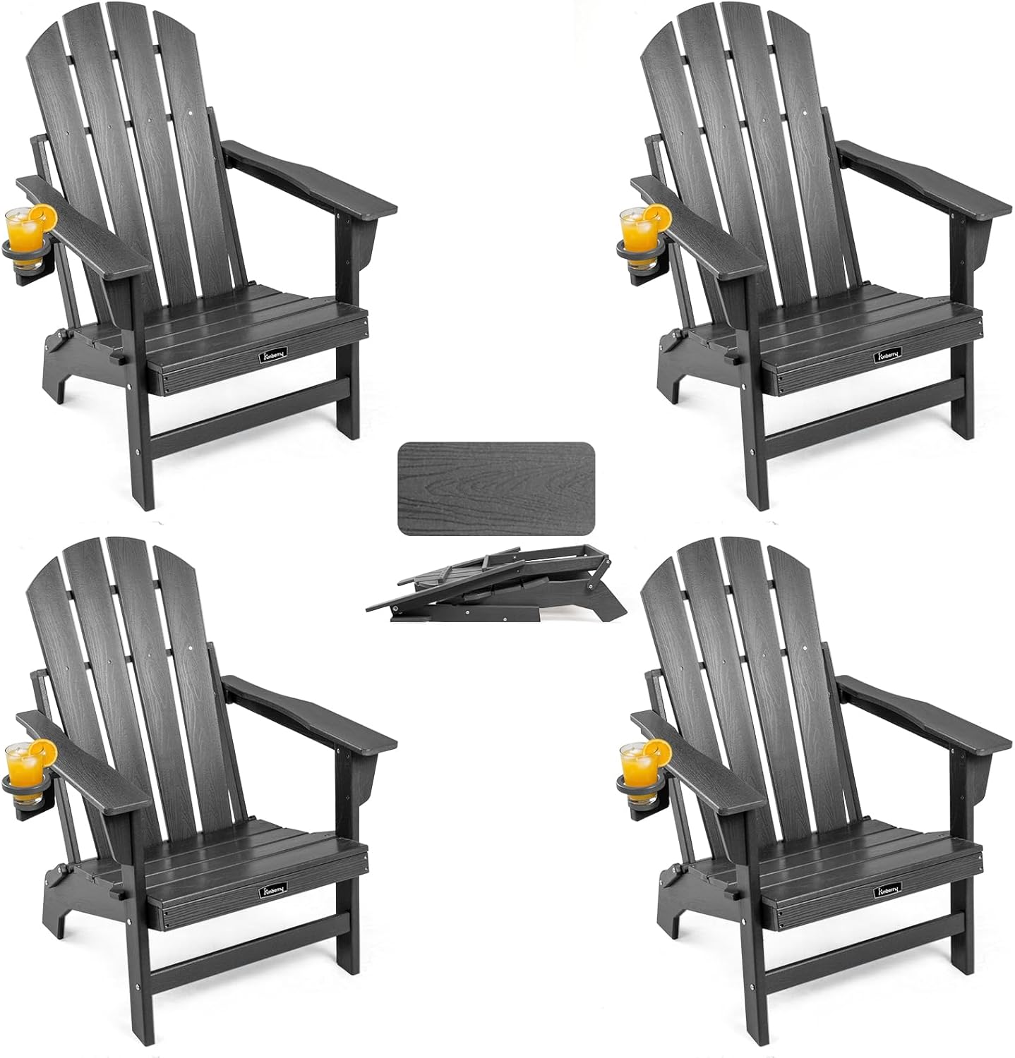 FUNBERRY Folding Adirondack Chairs Set of 4, HDPE Stable Gun-Leg Design Fire Pit Chairs with Cupholder All Weather for Outside
