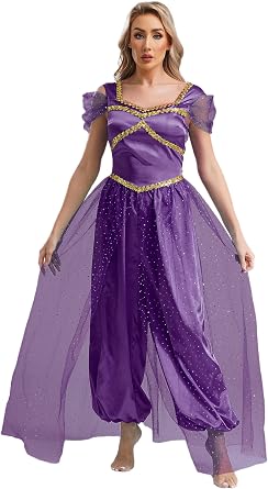FEESHOW Womens Arabian Princess Costume One Piece Romper Belly Dance Harem Pants with Tulle Overlay