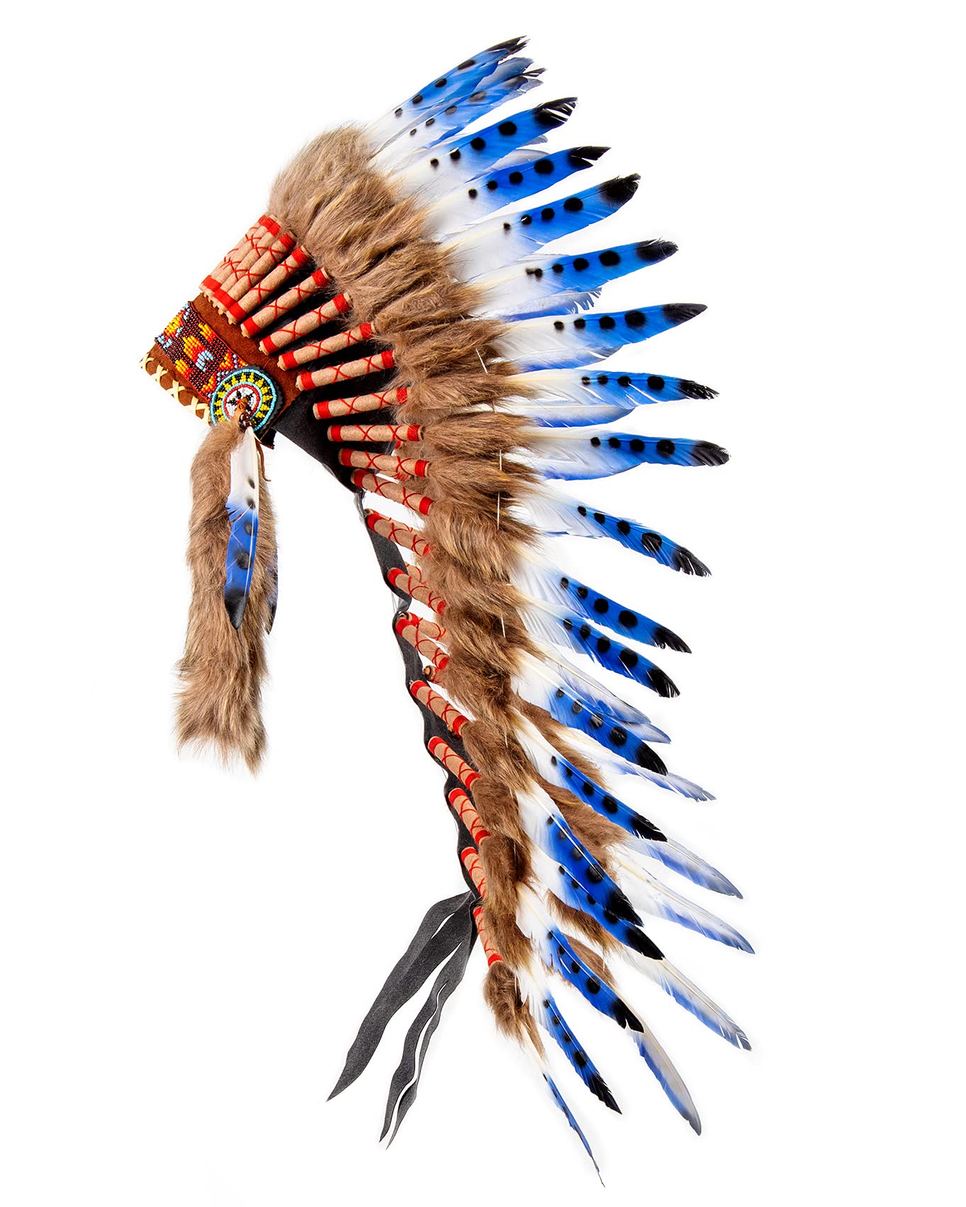 Pink Pineapple Traditioneller Indianer Inspirierter Kopfschmuck handgefertigt im traditionellen Stil Nordamerikanischer Indianer - Mittlere Länge - Blau, Weiß und Schwarz