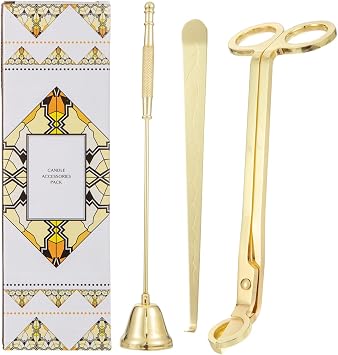 3 in 1 Candle Accessory Set,Large Candle Wick Trimmer Snuffer Extinguisher Dipper Hook with Long Handle,Stainless Steel Candle Wick Scissor Cutter Clipper Kit Gift 3 Pcs Gold Set