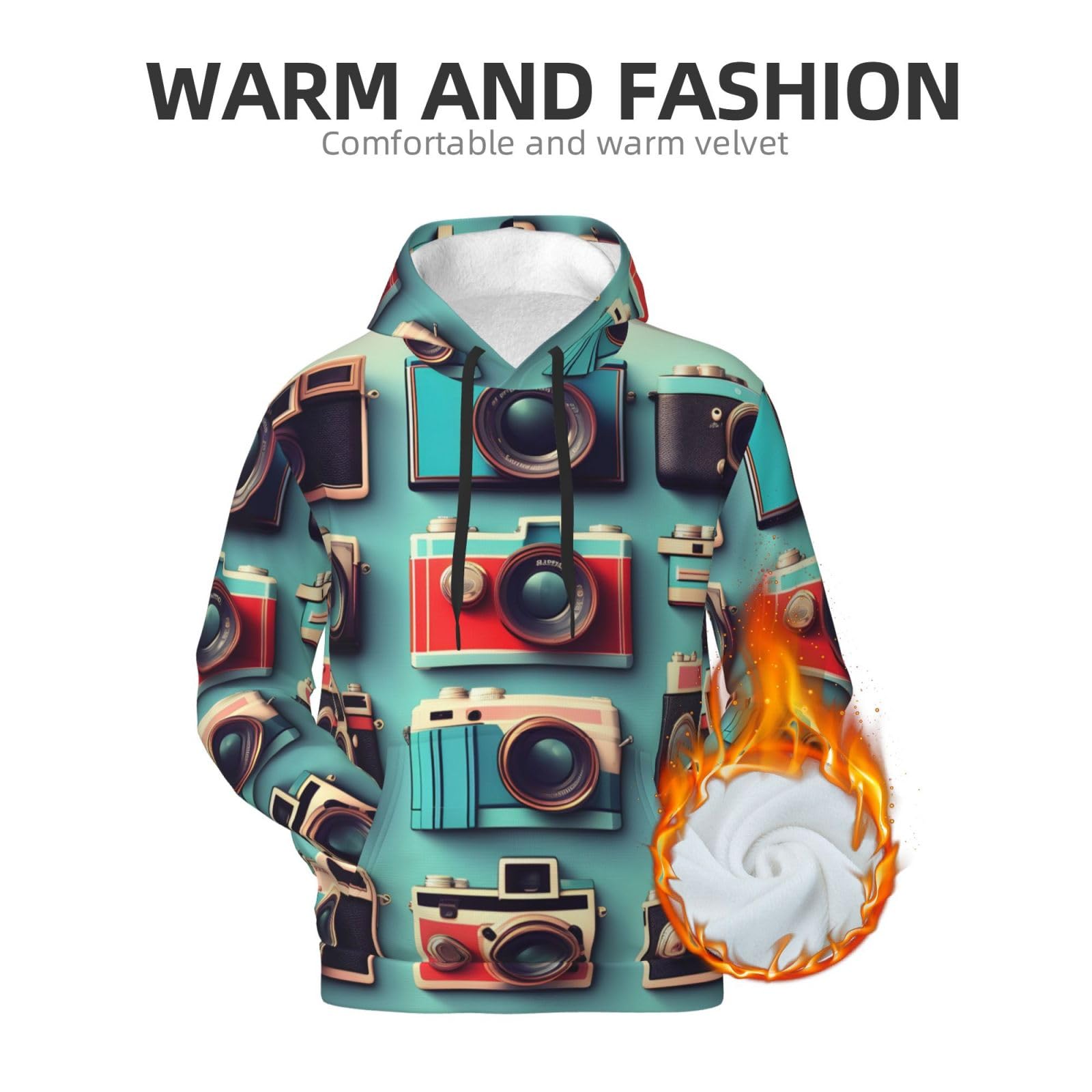 Męska bluza z kapturem w stylu retro fajna kolekcja aparatu, swobodny nadruk graficzny sweter z kapturem koszule z kieszenią