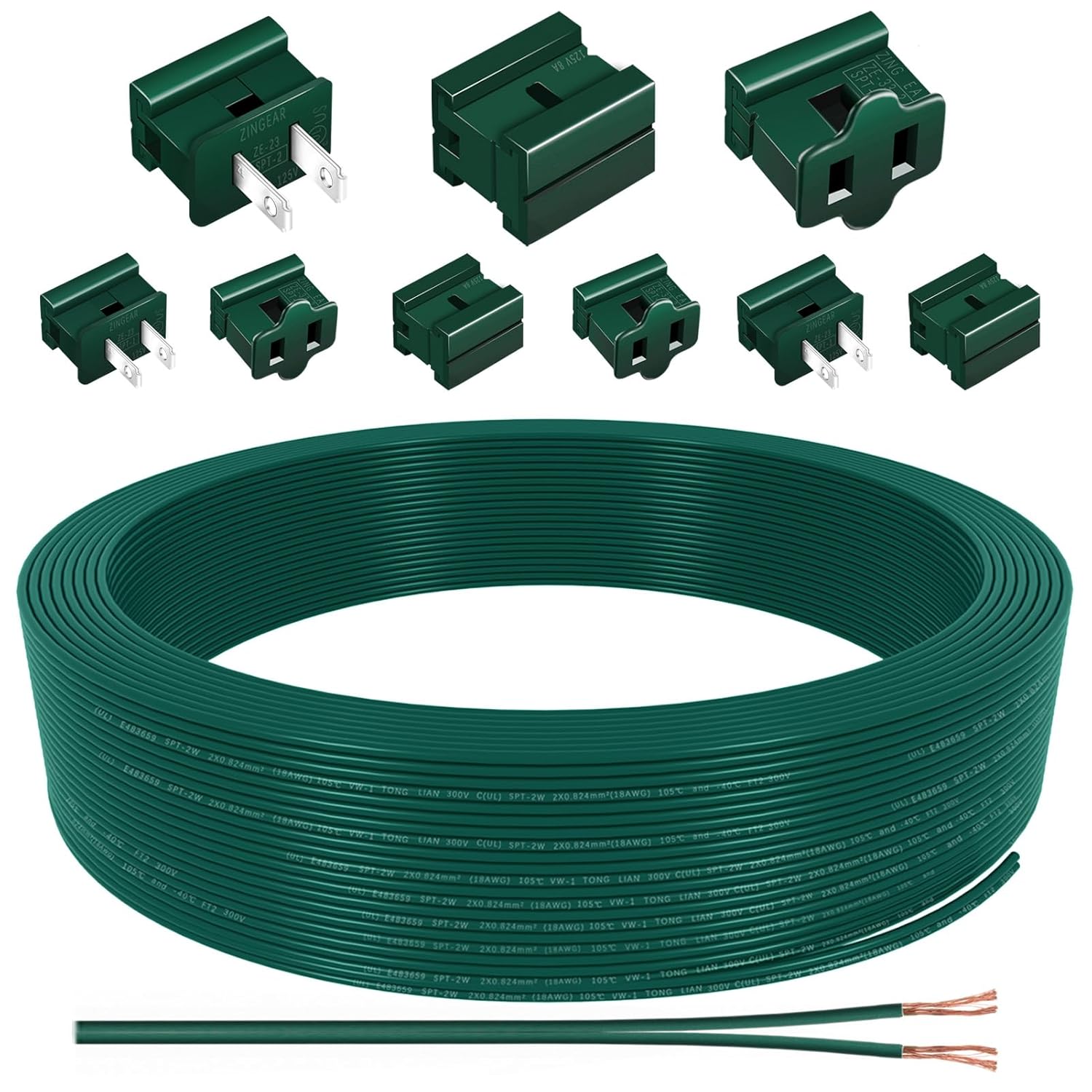 60FT SPT-2 Christmas Electrical Wire with 6 Vampire Plugs,3 Wire Connectors,18 Gauge Wire 2 Conductor Electrical Wire,18/2 Low Voltage Wire,18 AWG Wires Extension Cord for Xmas Holiday Outdoor Light