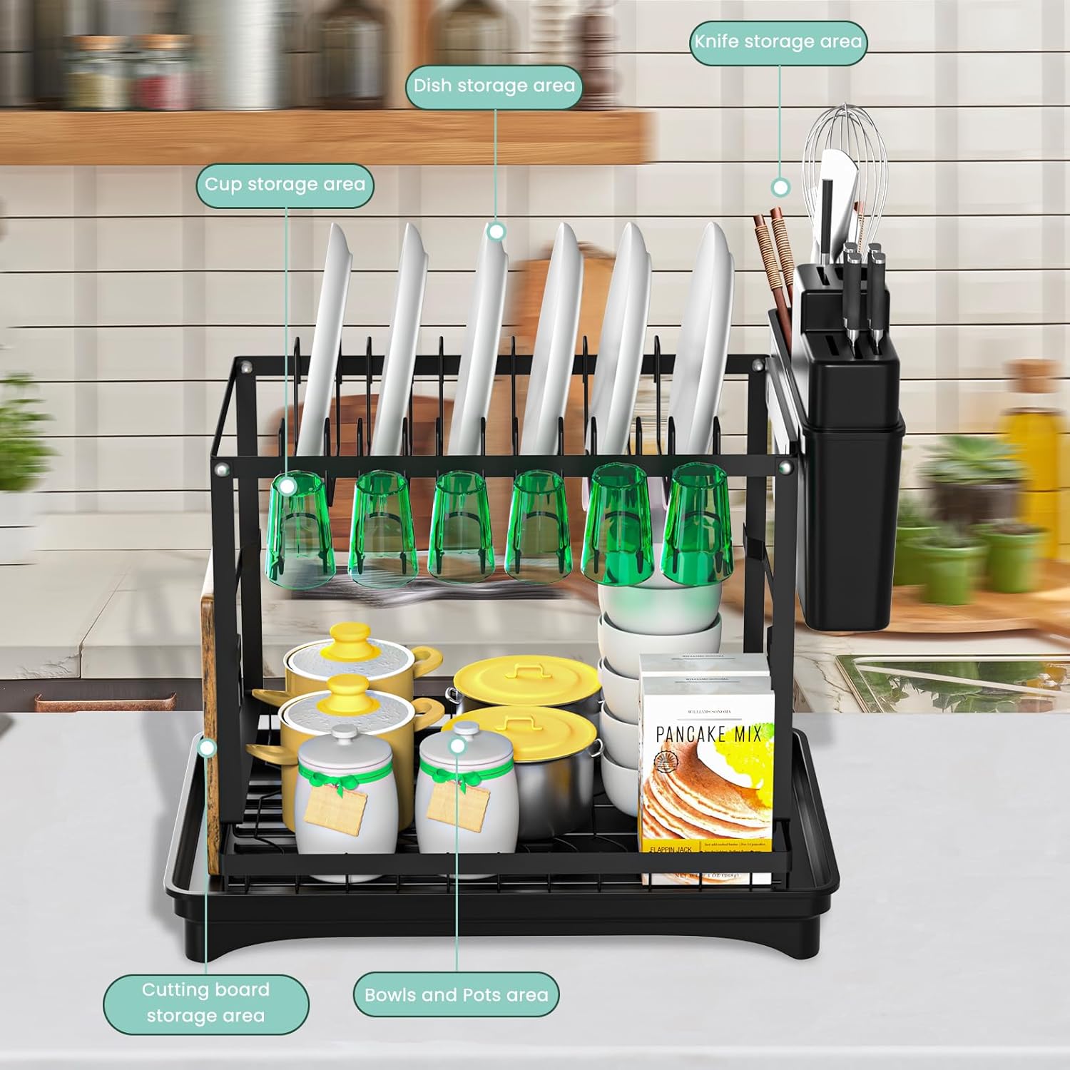 Dish Drying Rack,2-Tier Dish Racks for Kitchen Counterwith Drainboard & Utensil Holder,Large Dish Drying Rack for Bowls/Cups/Bottles(Black)