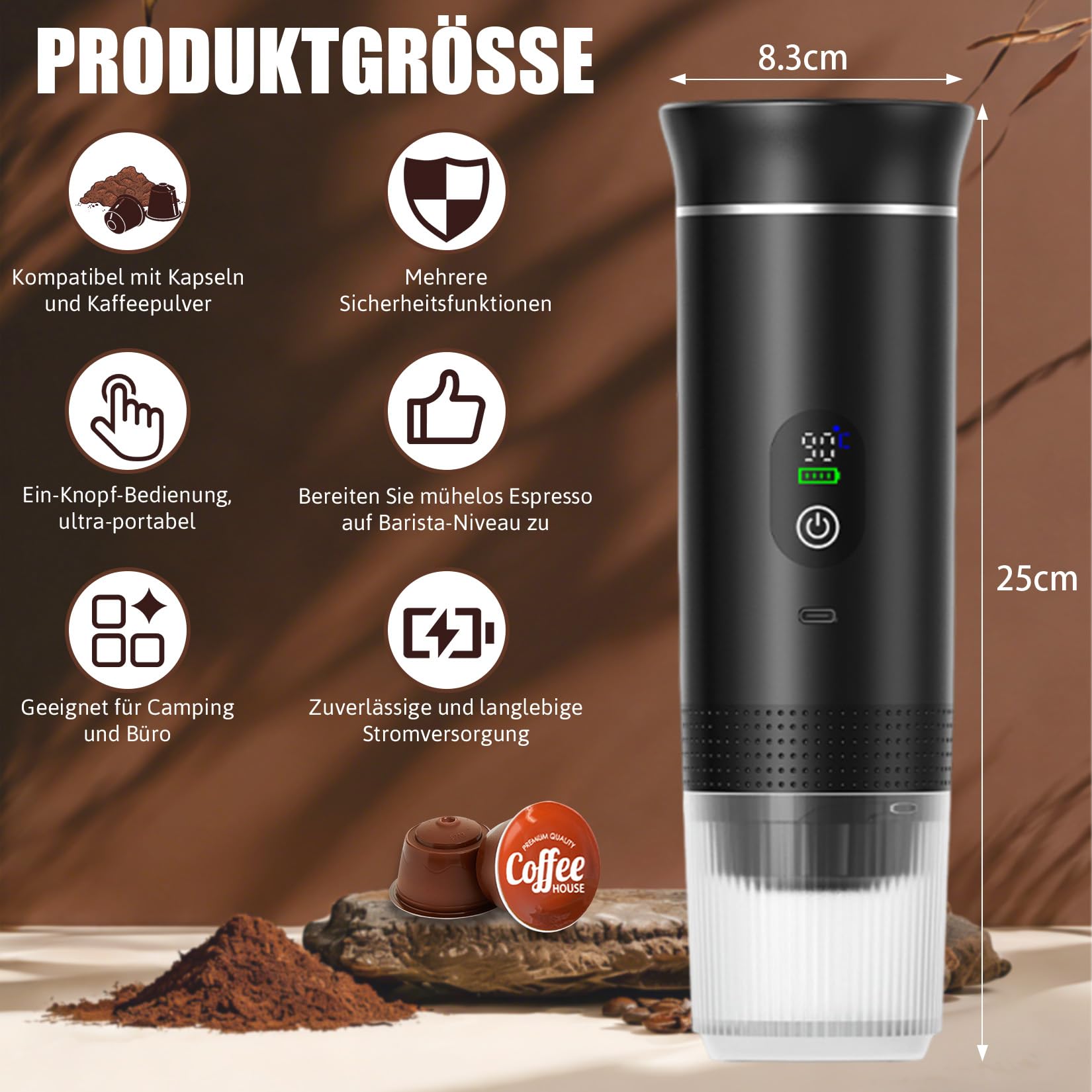 Cafetera espresso portátil 3 en 1, mini cafetera de viaje | Con Type-C, cafetera de viaje compatible con cápsulas y café molido, cafetera To Go para coche, oficina, camping