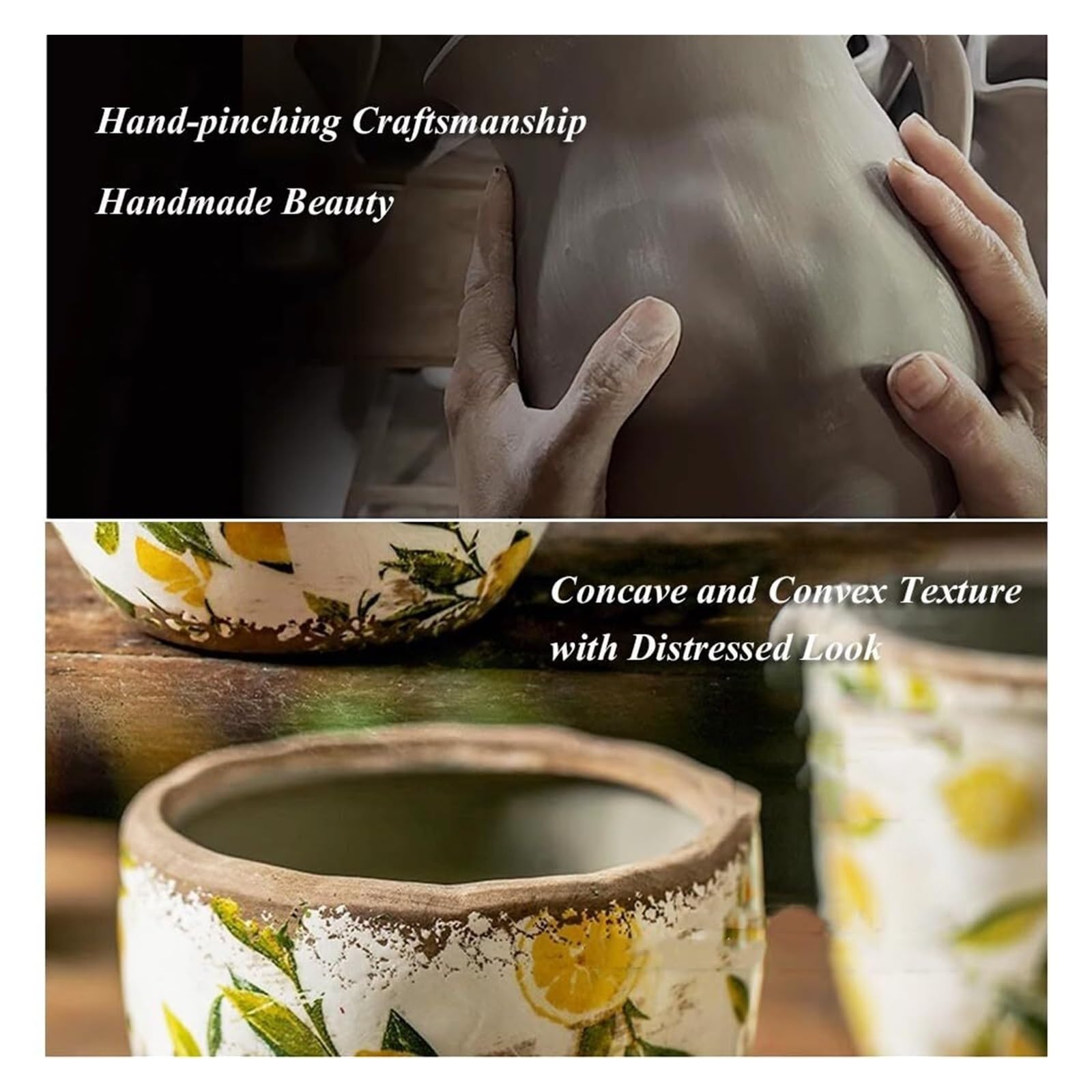 Doniczki na rośliny, ceramiczne doniczki na rośliny ogrodowe i sukulenty. Donice na rośliny z pęknięciami w stylu "used look", prezenty dla miłośników roślin (żółte, z otworem)