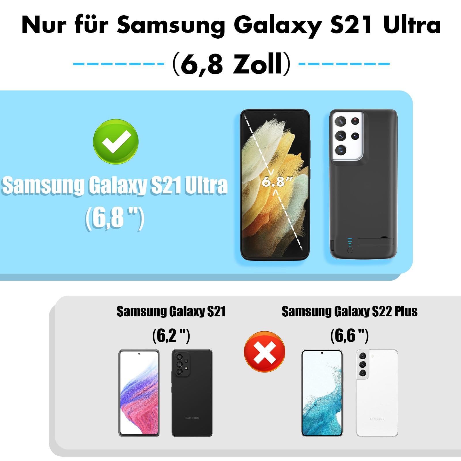 Akkuhülle für Samsung Galaxy S21 Ultra, 5000mAh, Schlanke Wiederaufladbare Ladehülle Erweiterte Ladehülle mit Standfuß,Tragbare Powerbank für Samsung Galaxy S21 Ultra 5G (6,8 Zoll), Schwarz
