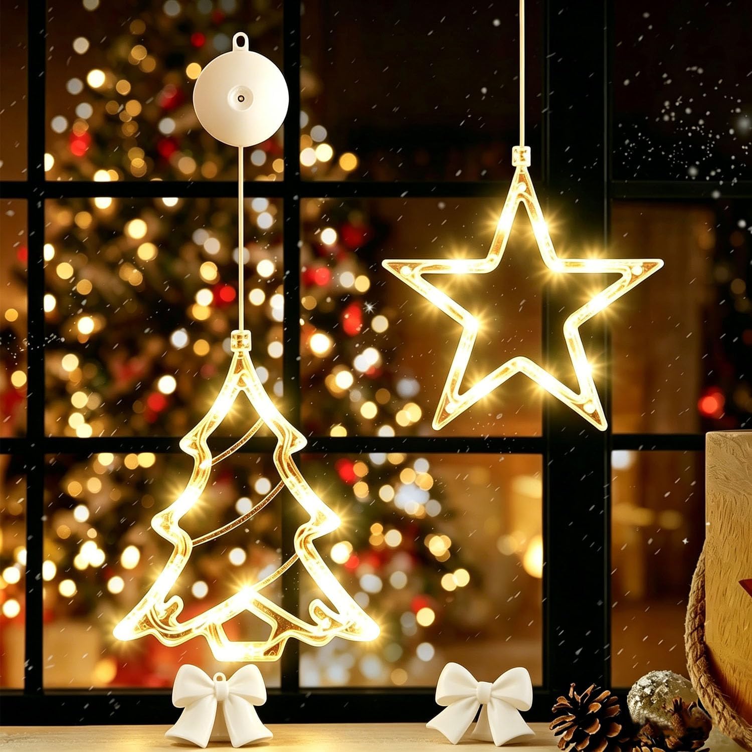 FGHB 2pc Christmas Window Lights Decorations, Christmas Curtain Light Battery Powered Christmas Warm White Hanging Lights Tree Star Shaped LED Sucker for Party Shop Window Xmas Decoration