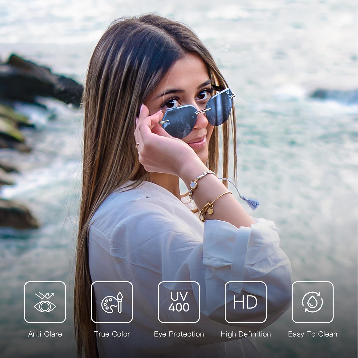 ZENOTTIC Oversized Rimless Sunglasses for Women Geometric Diamond Cutting Gradient Lens UV Protection Fashion Shades Trendy - Image 3