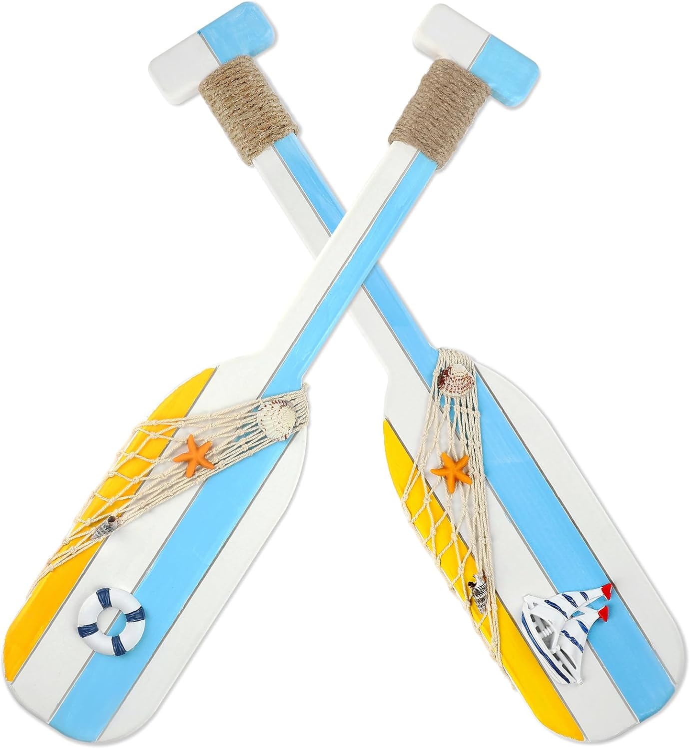 Meching 2 Pack 19.7 Inch Nautical Wooden Double Oar Decor with Rope Nautical Oar Paddles Wall Decor Door Hanging Ornament Beach Theme Home Decoration（Vintage blue）