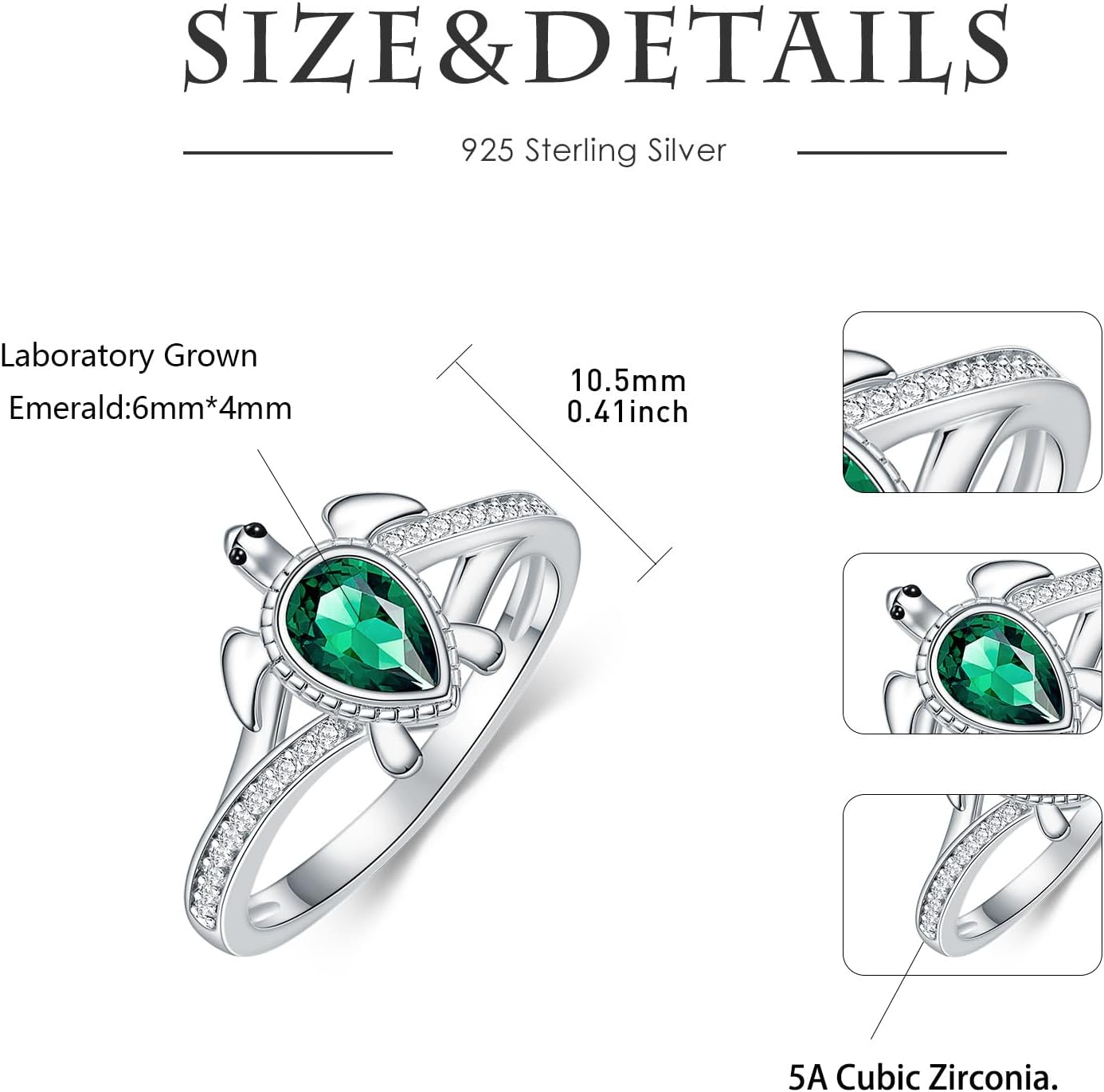 Sterling Silver Sea Turtle Ring - Emerald 6mm*4mm Pear Emerald Statement Ring for Women