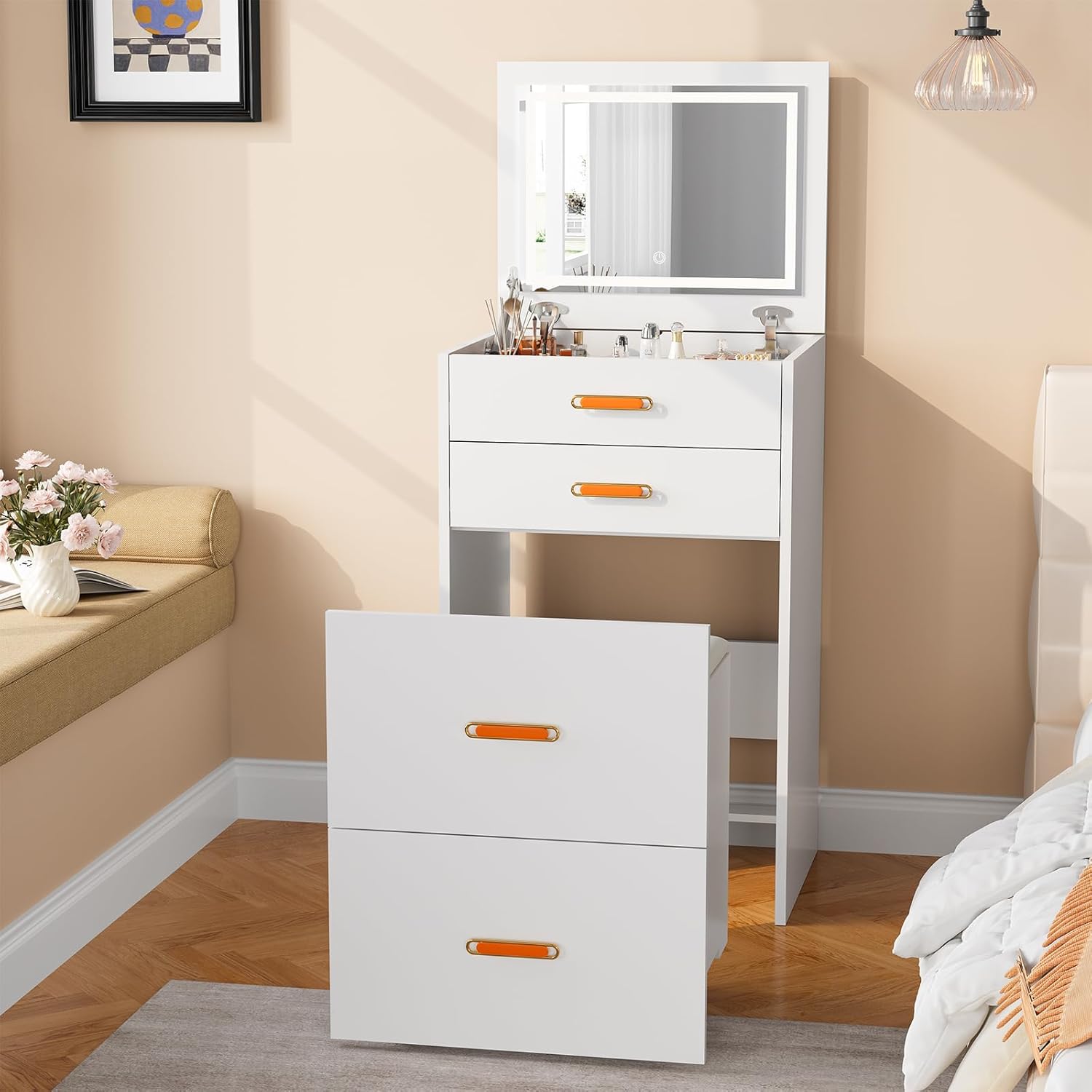 Small Makeup Vanity Desk with Mirror and Lights, 3-in-1 Compact Vanity Set, Nightstand, Dressing Table with Adjustable 3-Light Mode Storage Rolling Chair for Girls Small Room, Bedroom, Apartment White