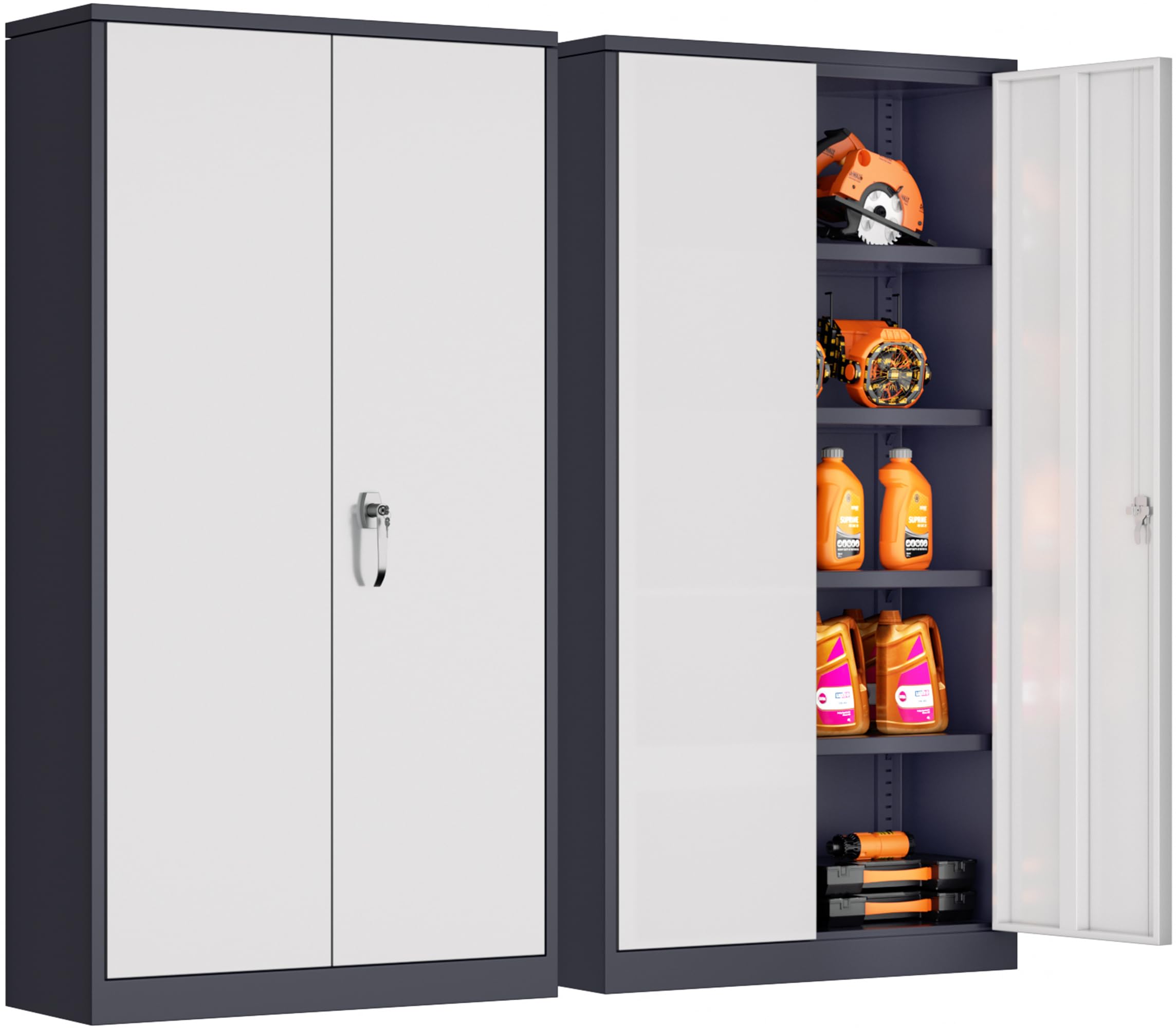 INTERGREAT Metal Storage Cabinet for Garage,72" Lockable Storage Cabinets with Doors and Adjustable Shelves,Steel Locking Cabinet for Garage,Office,Home,Gym,School (White Grey)