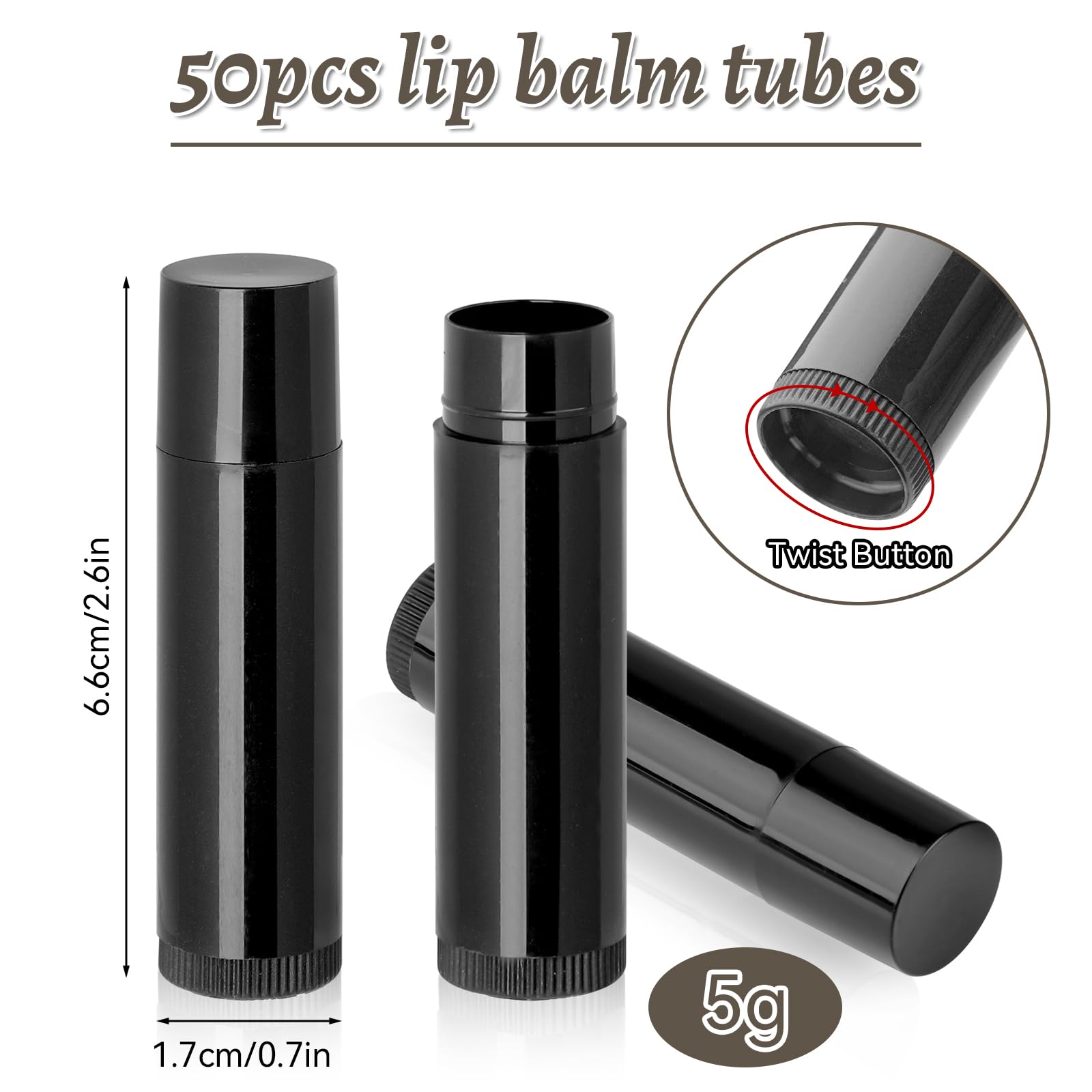 50 Empty Lipstick Tubes, Reusable Plastic Containers Refillable with Cap for DIY Lip Balm (Black, 5g), 1 count (Pack of 50) - Image 2