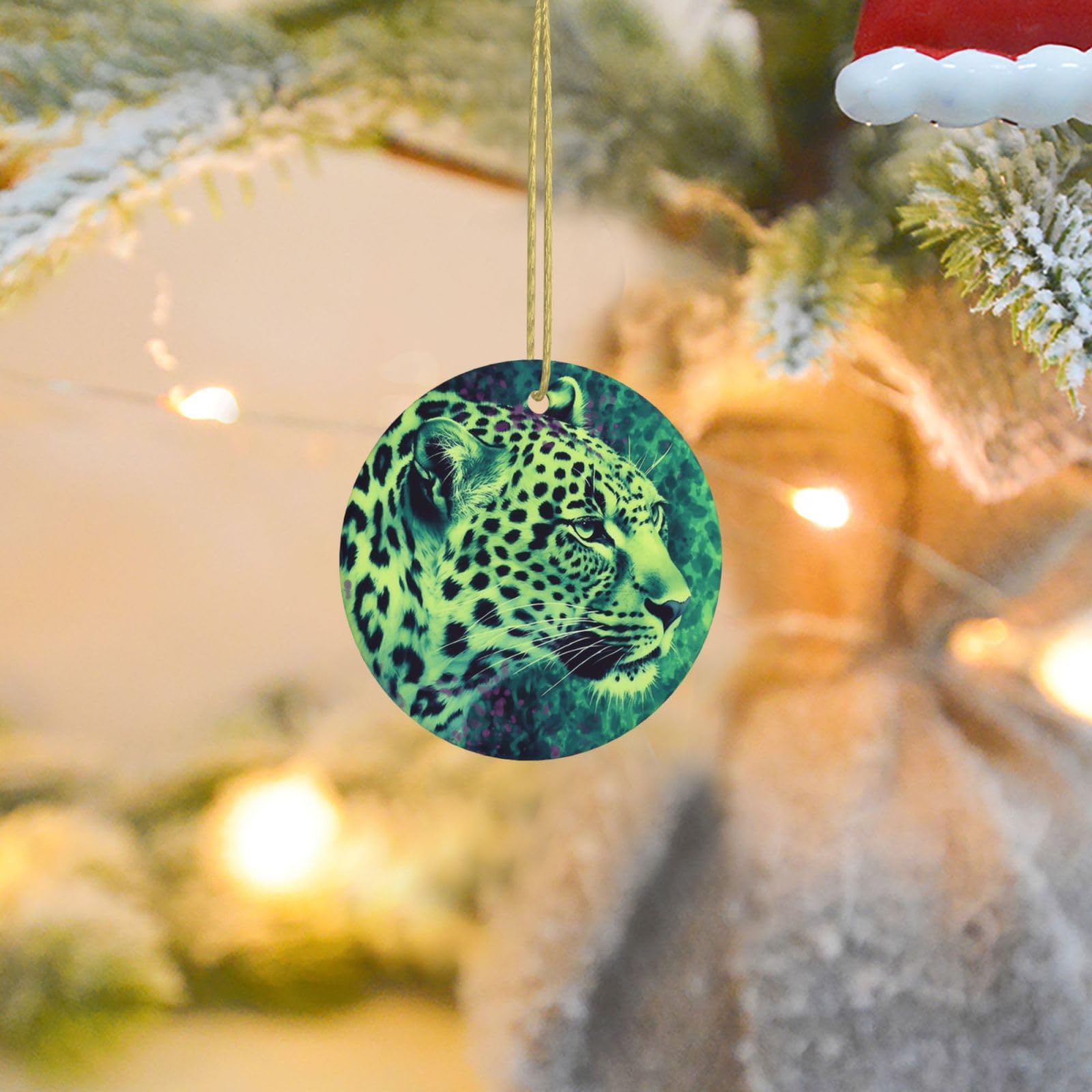Christmas Ornaments for Christmas Tree Decoration Ceramic Hanging Green Leopard Ornament with Gold Ribbon Crafts Round Pendant for Keepsake Gifts Glass Xmas Decor Party Supplies