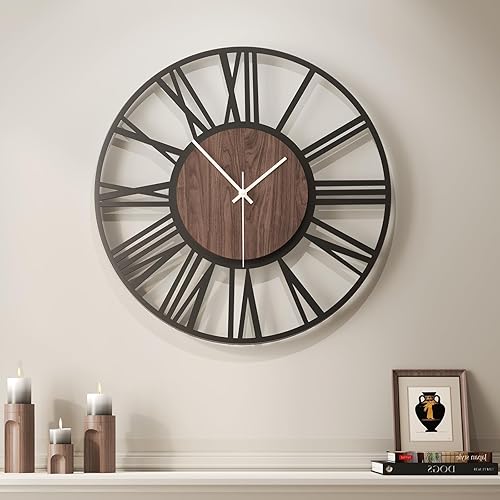 Miniatura 53 de Reloj de pared de 24 pulgadas, relojes de pared grandes para sala de estar, reloj redondo de metal decorativo, funciona con pilas, silencioso, sin